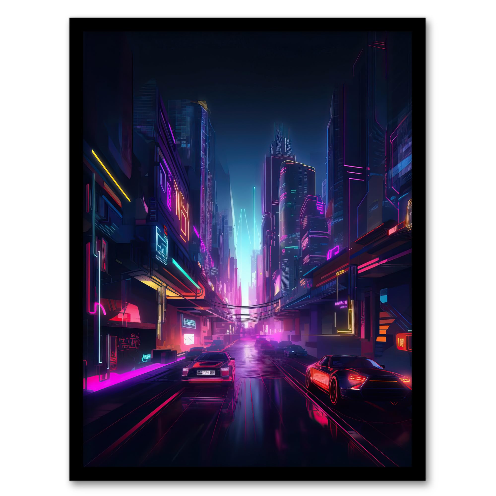 Artery8 Neon Purple Cityscape Electronic Futuristic Skyscraper Boys Bedroom Artwork Framed Wall Art Print A4