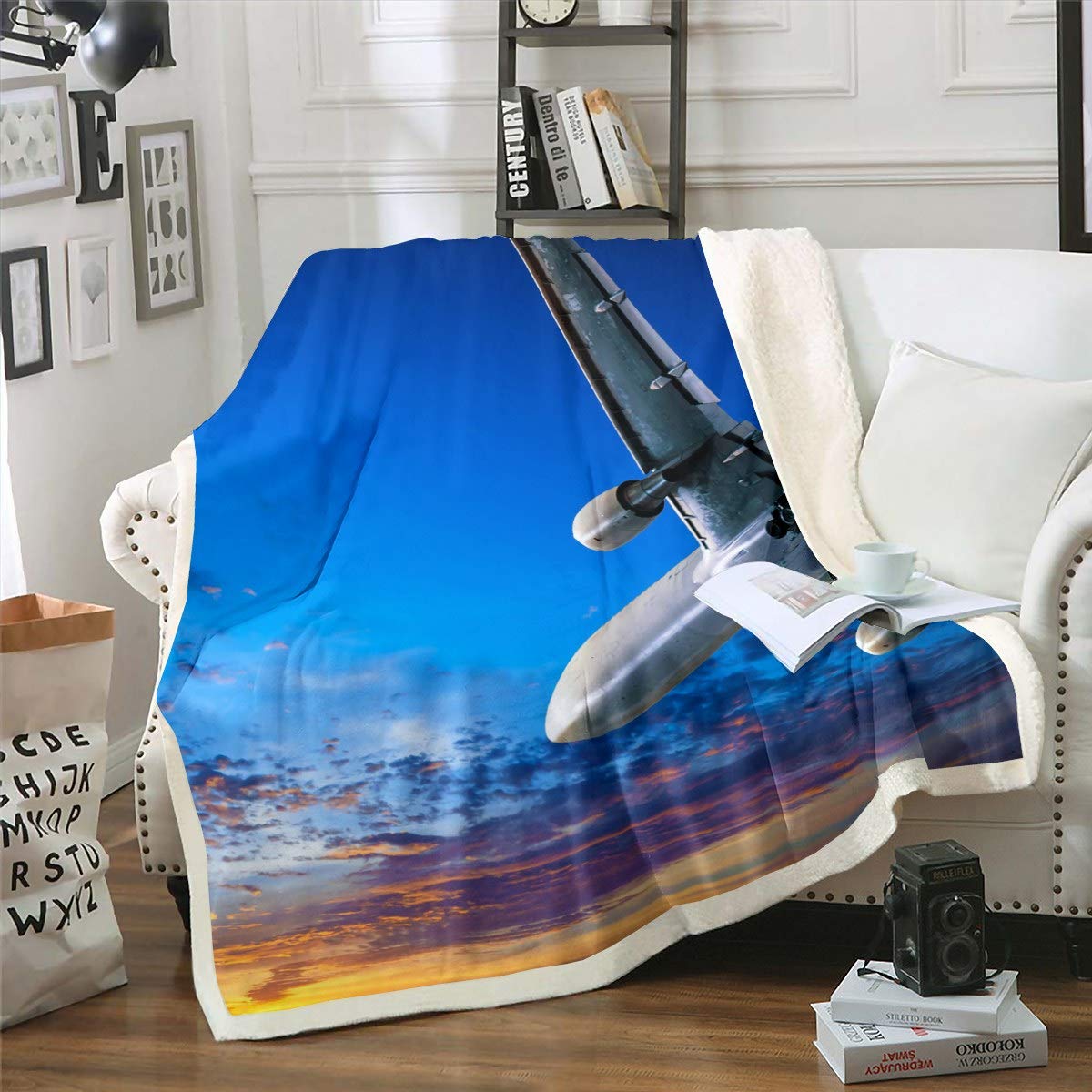 Loussiesd Aircraft Throw Blanket Airplane Print Fleece Blanket for Couch Bed Sofa Aircraft Flying Sherpa Breathable Sunset Scenery Fuzzy Holiday Travel Room Decor Double 60"x79"
