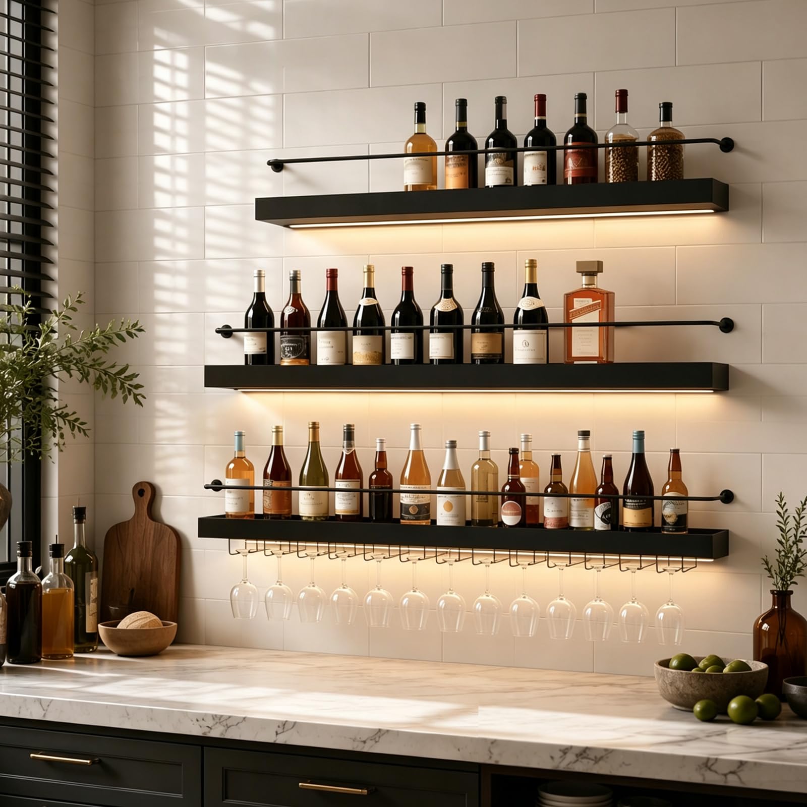 Pazcalie 100cm 3‑Tier Wall Mounted LED Wine Rack