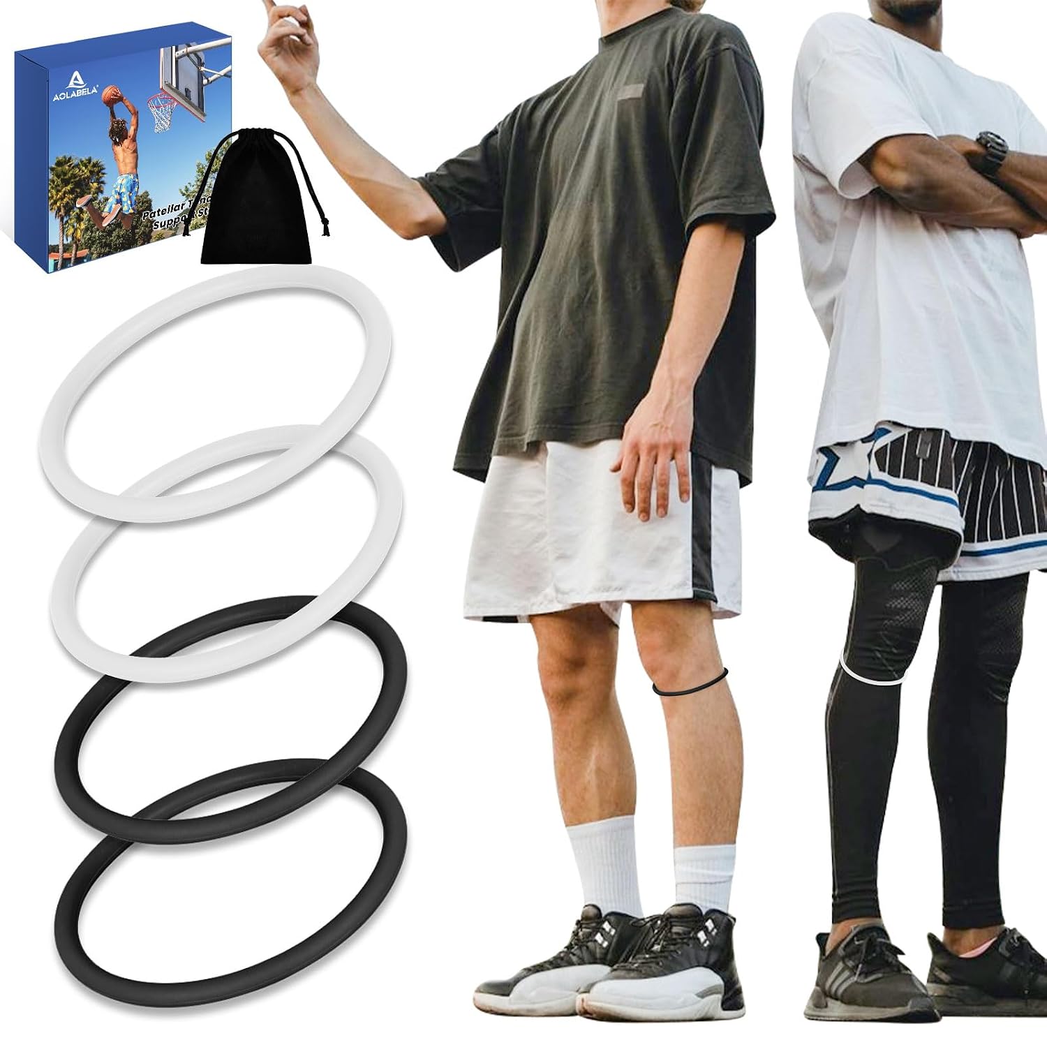 4PCS Patellar Tendon Knee Strap Knee Band for Knee Pain Relief Patella Band for Basketball Running Sports Breathable Patellar Tendon Support Strap (Black + White)