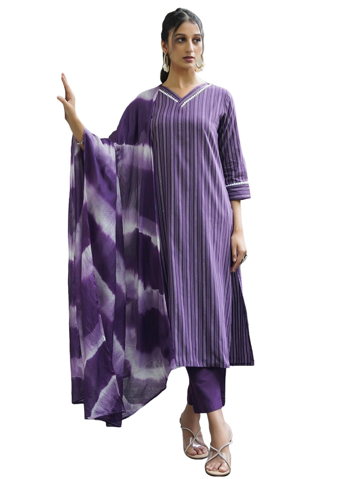 Sanisa Women's Cotton Woven Sequins Work Straight Kurta With Pant And Dupatta Set (214Kbd2263N-S_Purple & White)