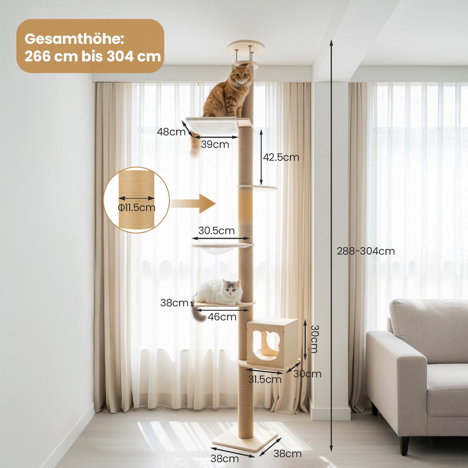 Youyijia Katzenbaum Deckenhoch 288–304 cm XXL, 5 Ebenen Katzenkratzbaum mit Breiter Basis, Kletterbaum für Katzen, Kratzbaum aus Naturholz, Katzenmöbel