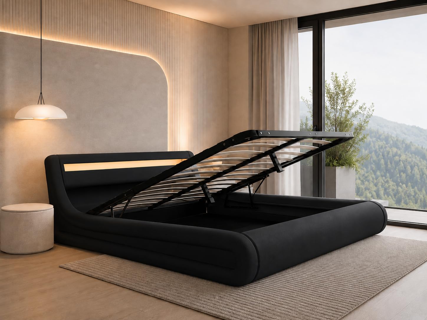 MB Muebles Bonitos | Cama de Matrimonio Rodas para Colchón de 150x190 cm | Luz LED | Canapé Abatible | Somier de Láminas | Estructura de Madera tapizada en Polipiel | Color Negro