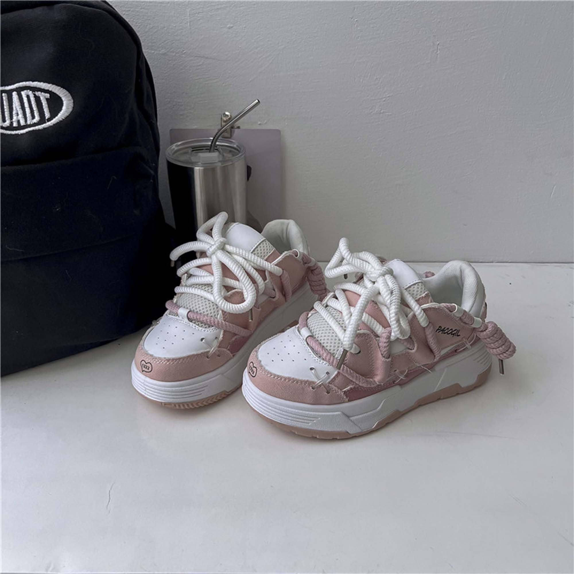 KSYVUCRD Women's Trend Casual Fashionable Skateboard Shoes Retro Flat Bottomed Lace Up Anti Slip Comfortable Breathable Multifunctional Shoes Pink, 10 Wide