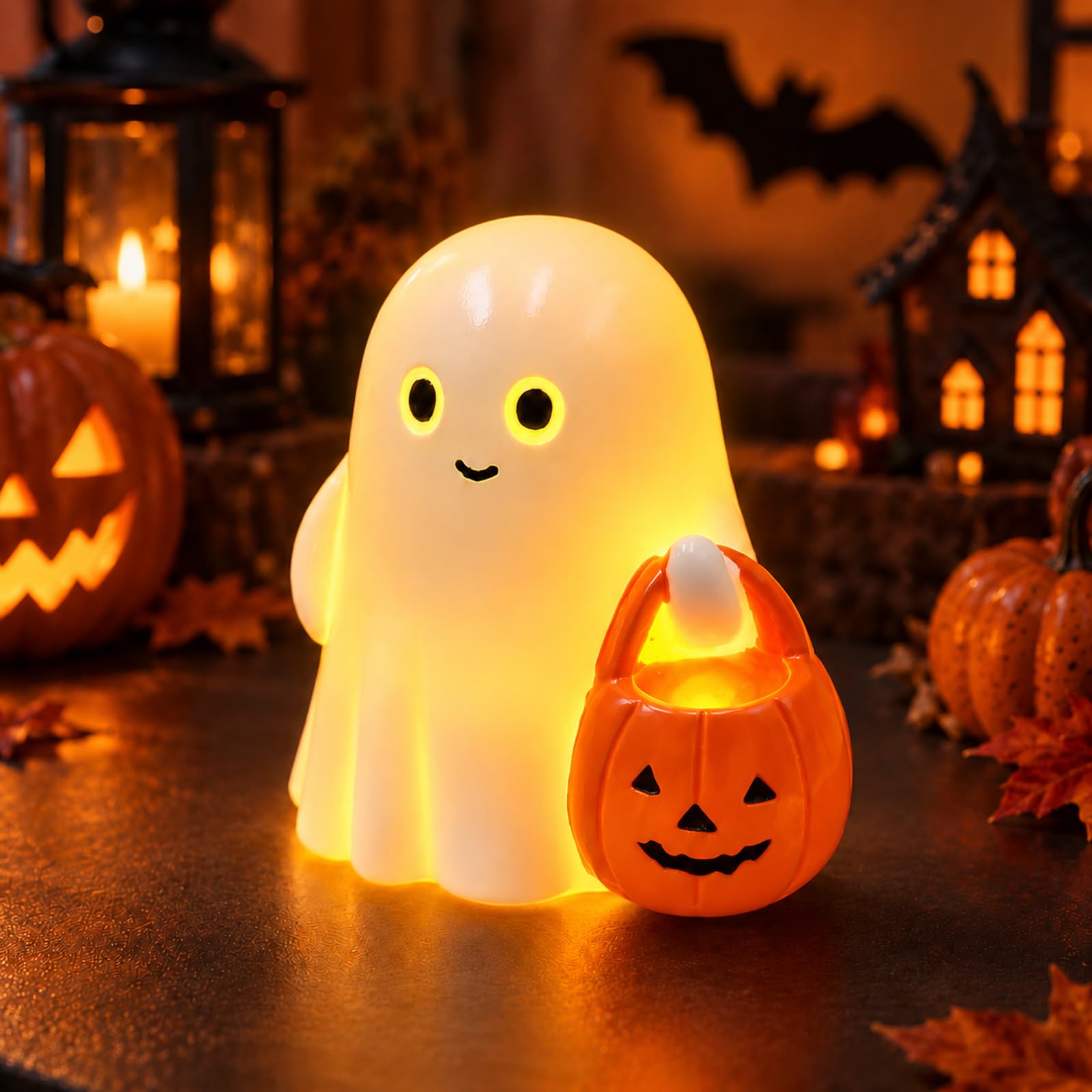 Cute White Ghost with Pumpkin Figurine, Mini Glow in The Dark Halloween Decor for Bedroom, 3D Printed Plastic Miniature Light Up Ghost Statue for Indoor Home Bookshelf Tabletop Party Decorations