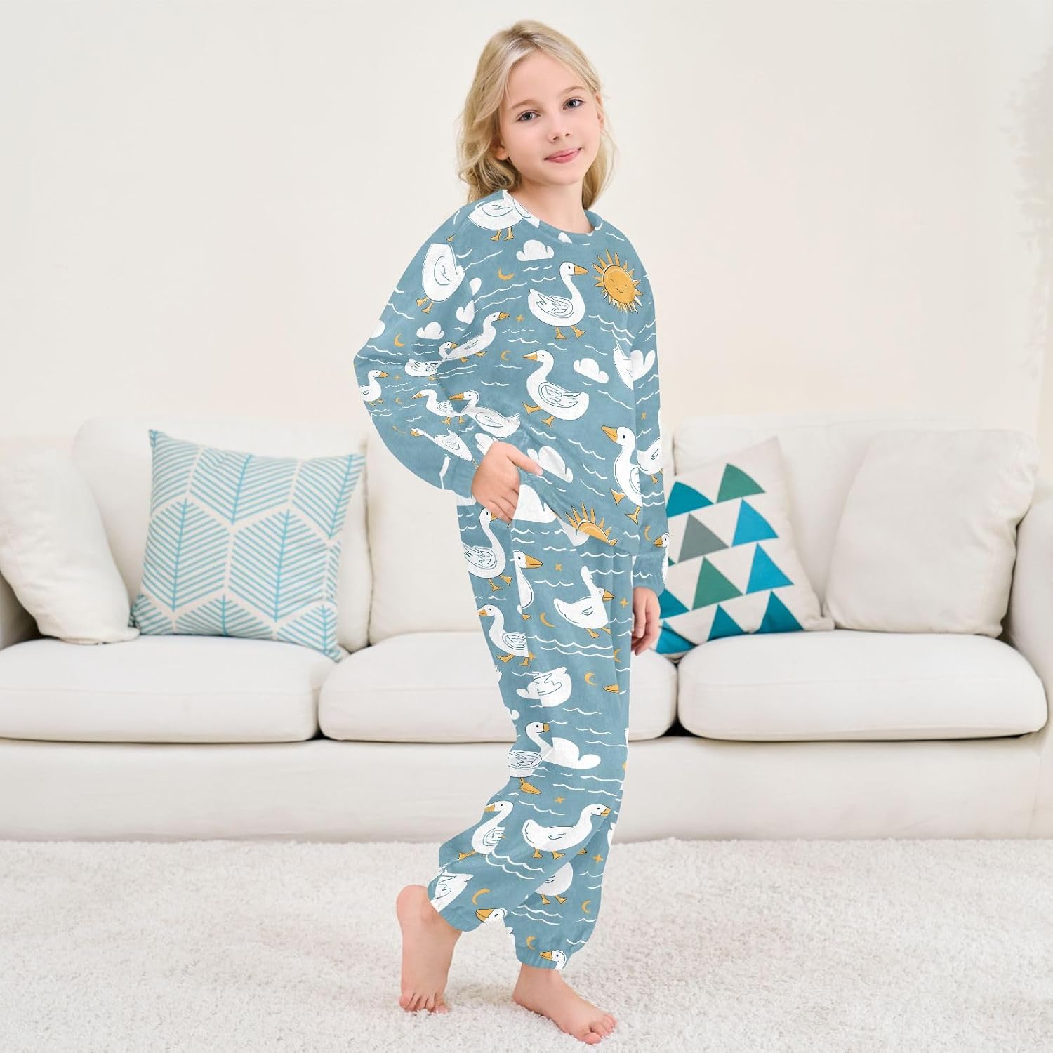 Kids Flannel Sets Duck Clouds and Sun Warm Plush Relaxed Clothing for Boys and Girls