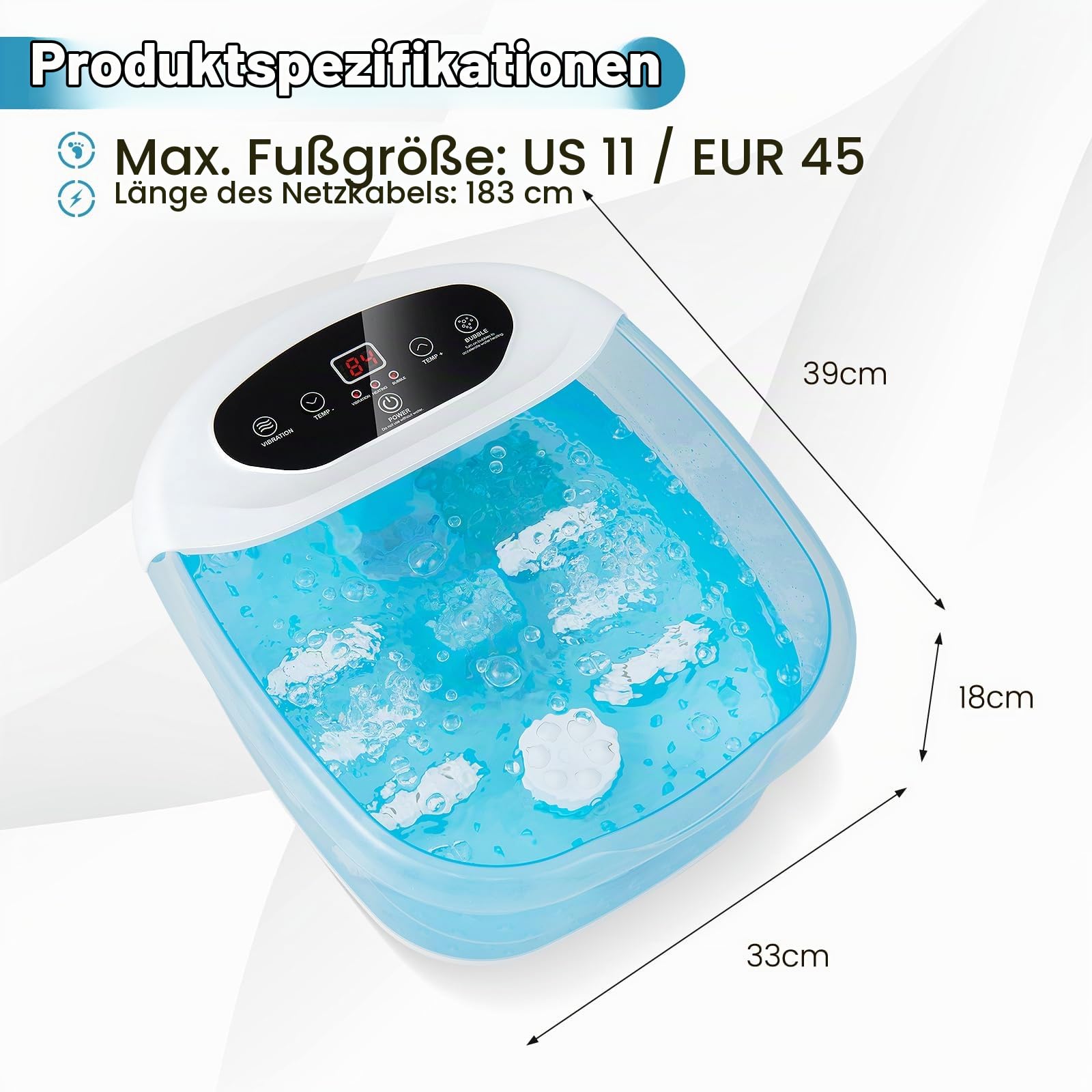 HOMASIS 500W Fußmassagegerät elektrisch, Fußbad mit Wassermassagefunktion, Fussbad mit Heißluftblasen, Fußbadewanne mit Temperaturregelung 35-46°C & Timer 1 Stunde (Blau)