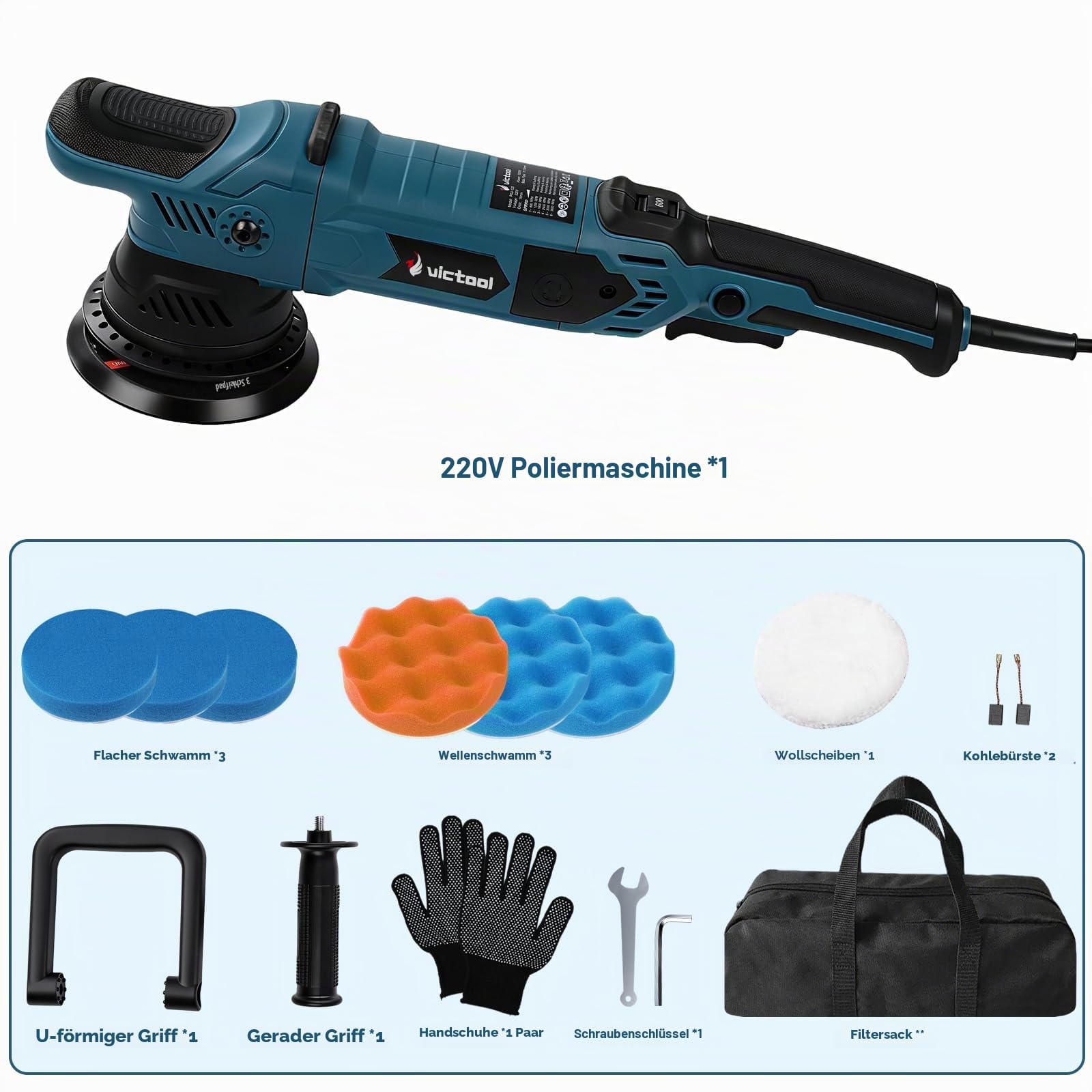 Exzenter Poliermaschine, Auto Exzenterpolierer 15mm 1600W Polierer mit 6 Variable Geschwindigkeit 600-3600RPM, mit Polierschwamm und Wolltücher, zum Polieren von Auto, Motorrad, Möbeln