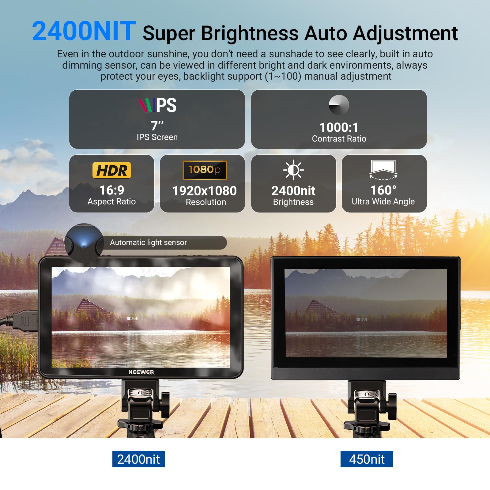 NEEWER F600 7-calowy monitor pola aparatu, ekran dotykowy IPS 2400nit HD 1920 x 1080 z 3D LUT, pętla wejścia/wyjścia HDMI 4K z Peak Focus DSLR Video Assist HDR Waveform, uchwyt na zimną stopkę, 2