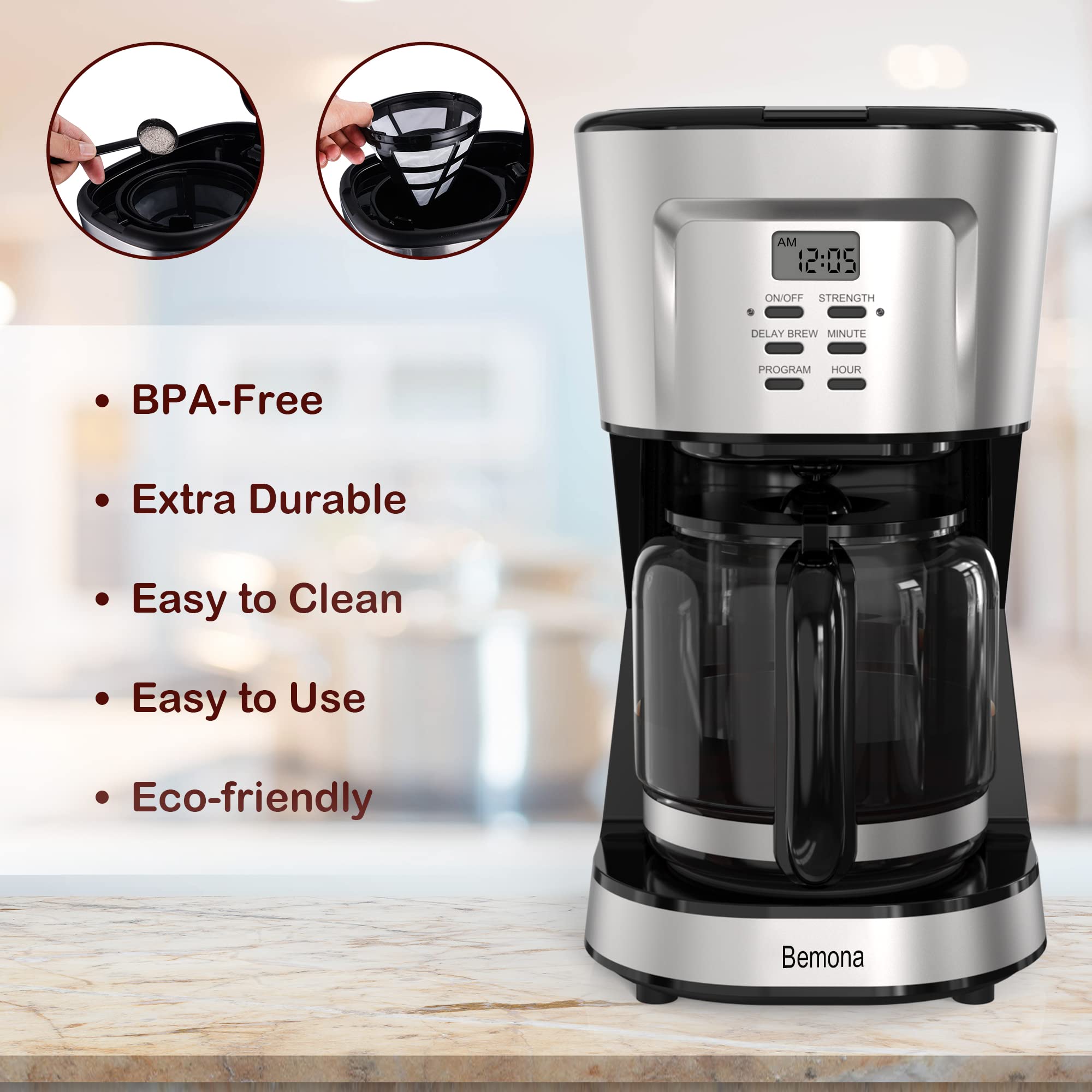 Bemona 12-Cup Brew Coffee Maker, Programmable Drip Coffee Machine with Glass Carafe and Permanent Filter, Auto Keep Warm, Water Window, Black Coffee Pot