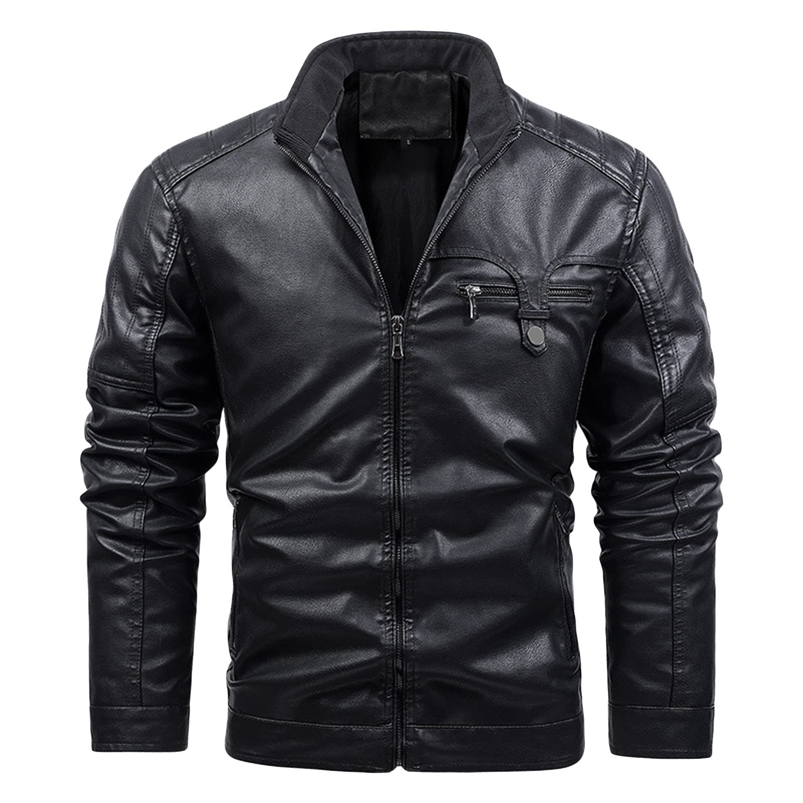 Maiyifu-GJ Men Vintage Stand Collar Leather Jacket Faux Leather Fleece Lined Motorcycle Jacket Lightweight PU Zip Up Outwear (Black 1,5X-Large)