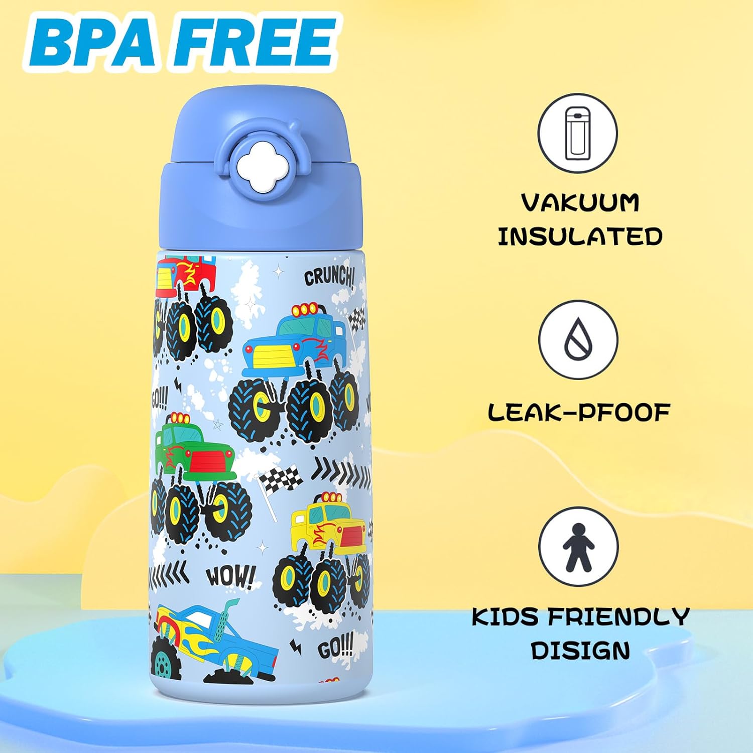 Boys Monster Truck Insulated Water Bottle with Covered Pop-Up Straw,16 oz Kids Cups with Stainless Steel Leak Proof for School - Image 3