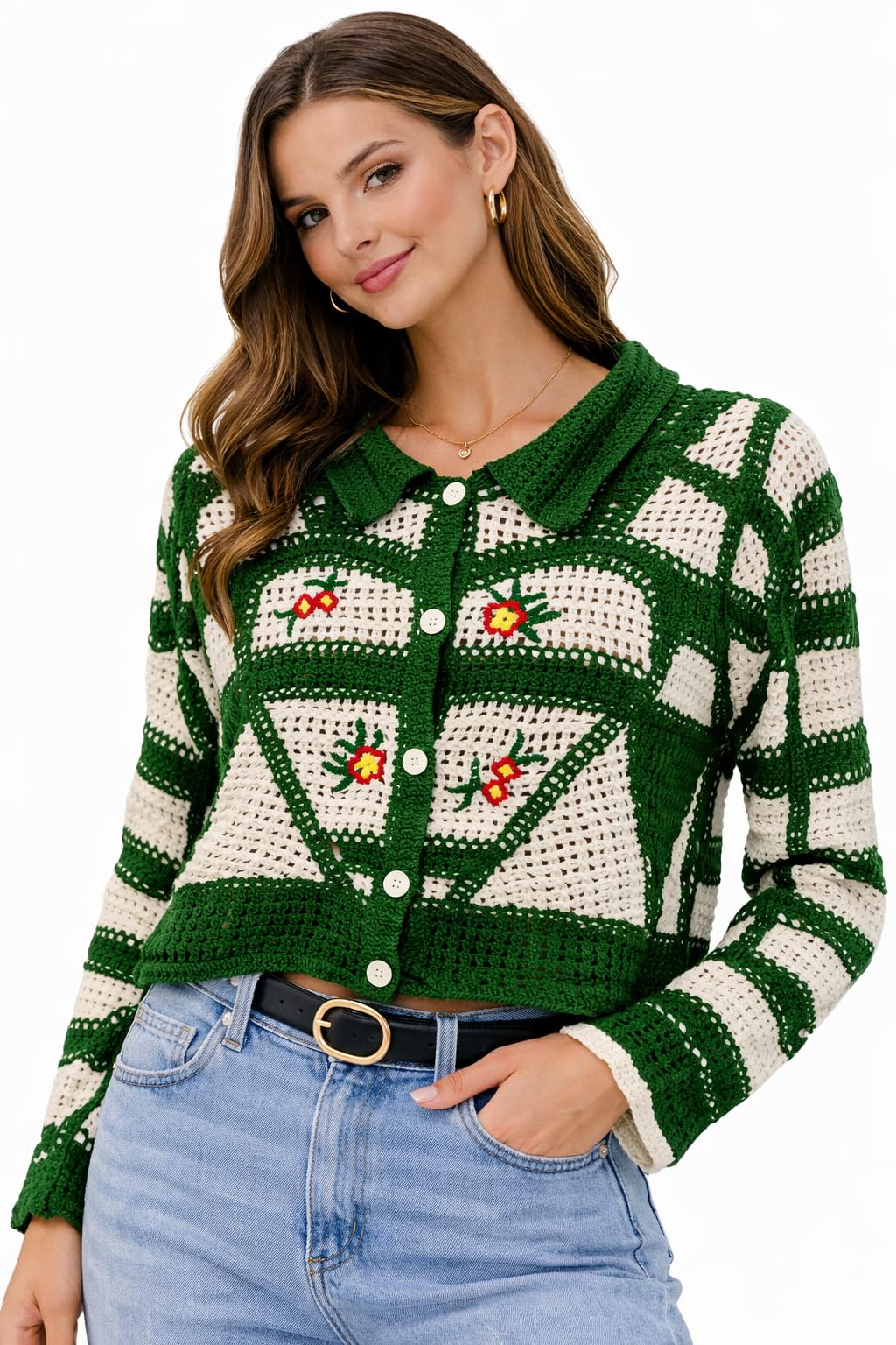 icw Women’s Crochet Knit Cardigan Top Striped Button-Down Long Sleeve Sweater with Floral Embroidery Casual Winter Wear Botton Poncho 1-picture-54