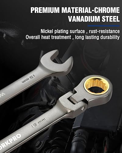 Miniatura 3 de WORKPRO Llave combinada de trinquete de cabeza flexible de 0.748 in, construcción Cr-V, niquelado, 72 dientes, diseño de 12 puntos, métrica