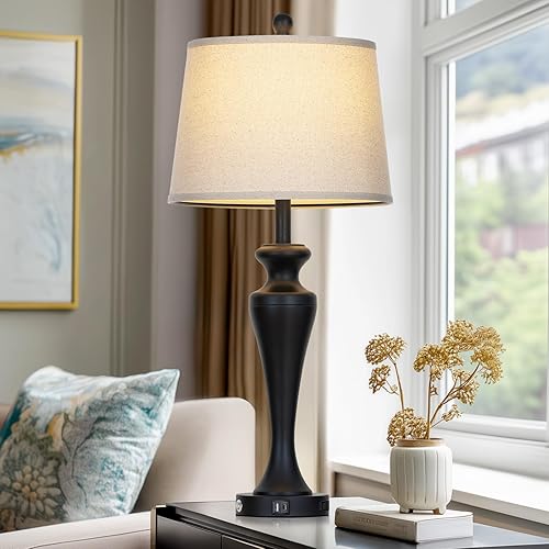 Miniatura 5 de Juego de 2 lámparas de mesa negras de 30 pulgadas, lámpara de sala de estar alta con control táctil con puertos USB A+C y salida de CA, lámparas de
