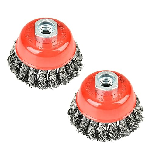 2 piezas Cepillo de copa de rueda anudado torcido de 3 pulgadas con eje roscado de 58 pulgadas 11 para amoladora angular, RPM máximo 12,500,