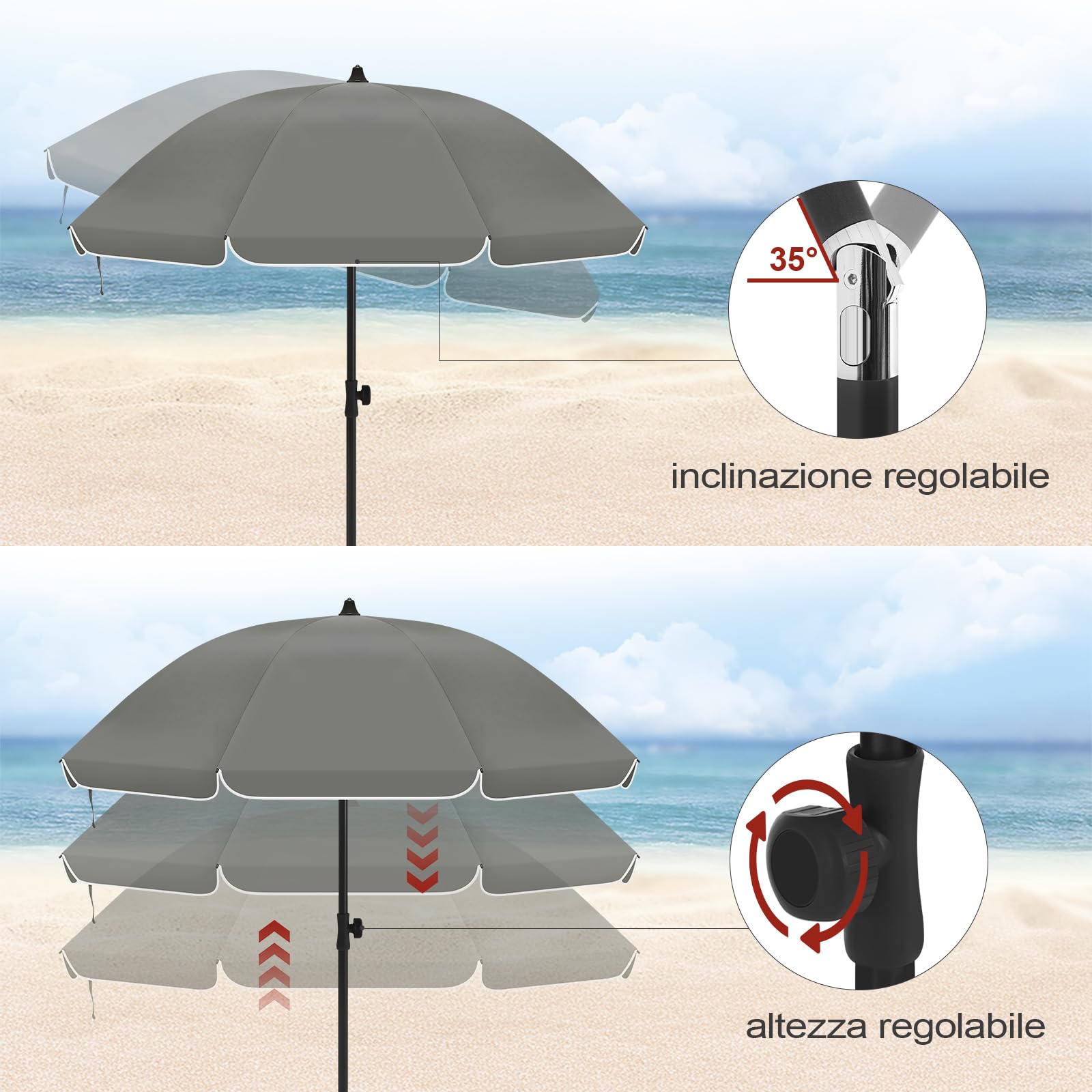 Laneetal Ombrellone da Spiaggia UV UPF 50+ φ135/155/175cm Regolabile in Altezza Portatile con Borsa