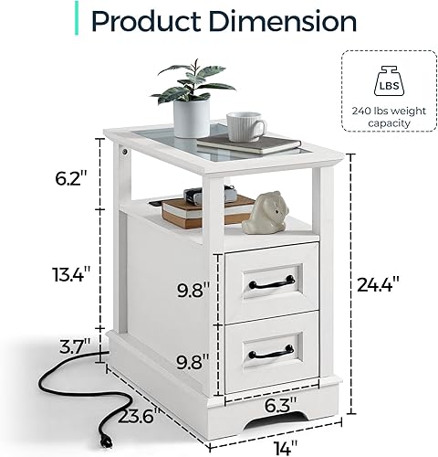 Miniatura 2 de LINSY HOME Mesa auxiliar estrecha con estación de carga, mesa auxiliar con parte superior de cristal, estante abierto y 2 cajones, mesa de sofá