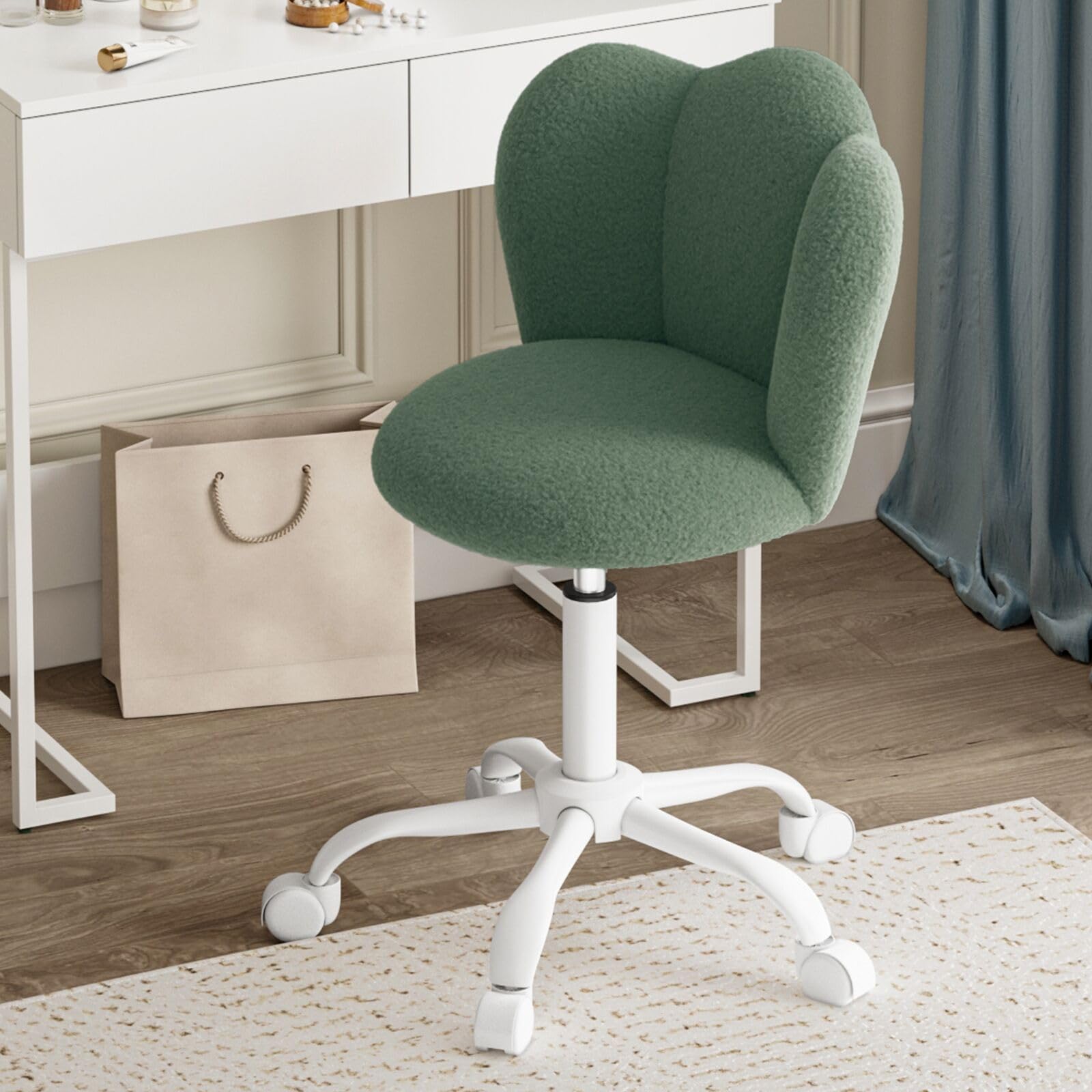Luxstein Boucle Office Desk Chair, Height Adjustable Swivel Vanity Chair with Thickened Cushion for Home Office Bedroom Dressing Room Study, Green