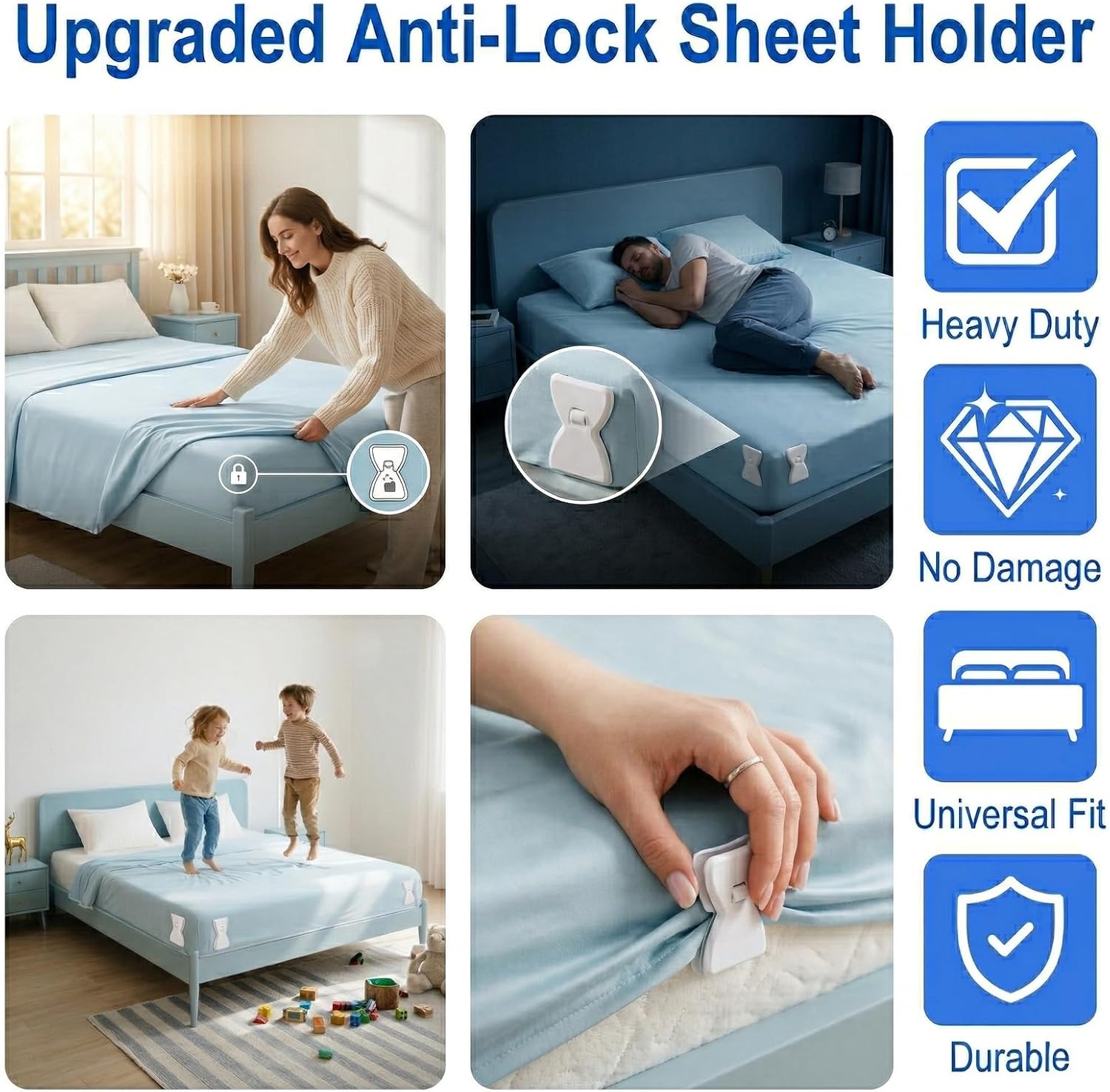 Bed Sheet Holders for Corners 4 Pack, Lock Sheet Fasteners with Reinforced Clips, Durable Bed Sheet Grippers to Keep Fitted Sheets Firm and Tight, Easy to Install