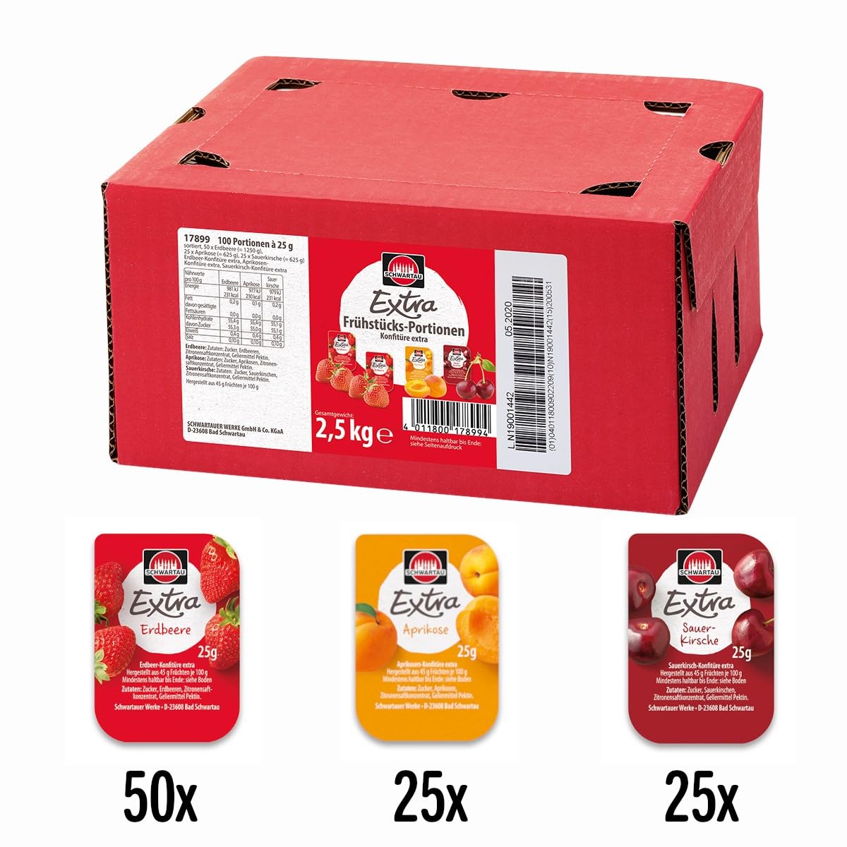 Schwartau Extra Portionen Mix-Box, Konfitüre Portionsschalen (50 x Erdbeere, 25 x Aprikose, 25 x Sauerkirsche), Großpackung, 100 x 25g