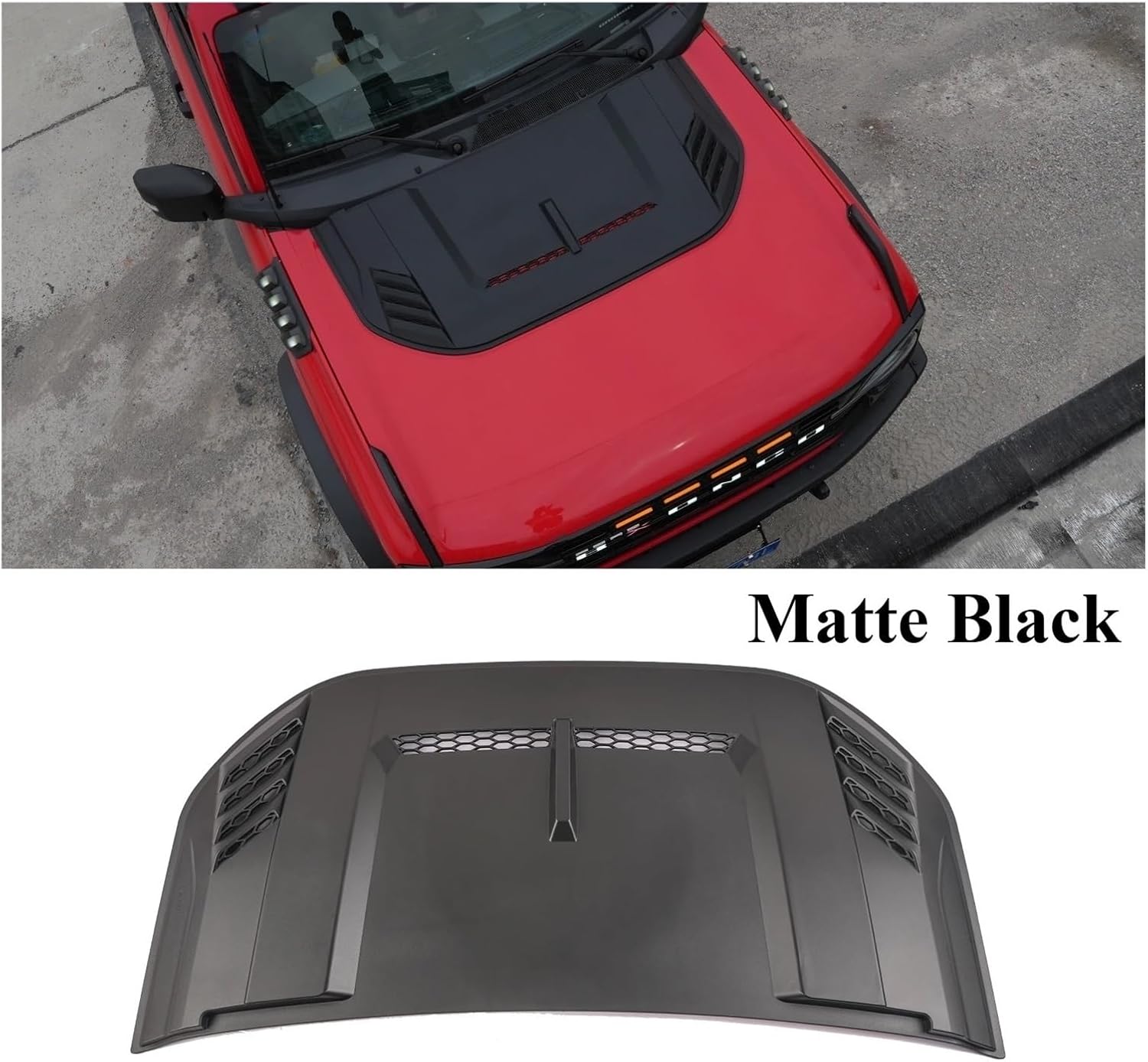 ABS Black Bonnet Scoop Cover Set Compatible with Ford Bronco 21-25 (Excluding Raptor), Engine Hood Air Vent, Glossy & Matte Black Finish(Matte Black-Vented)