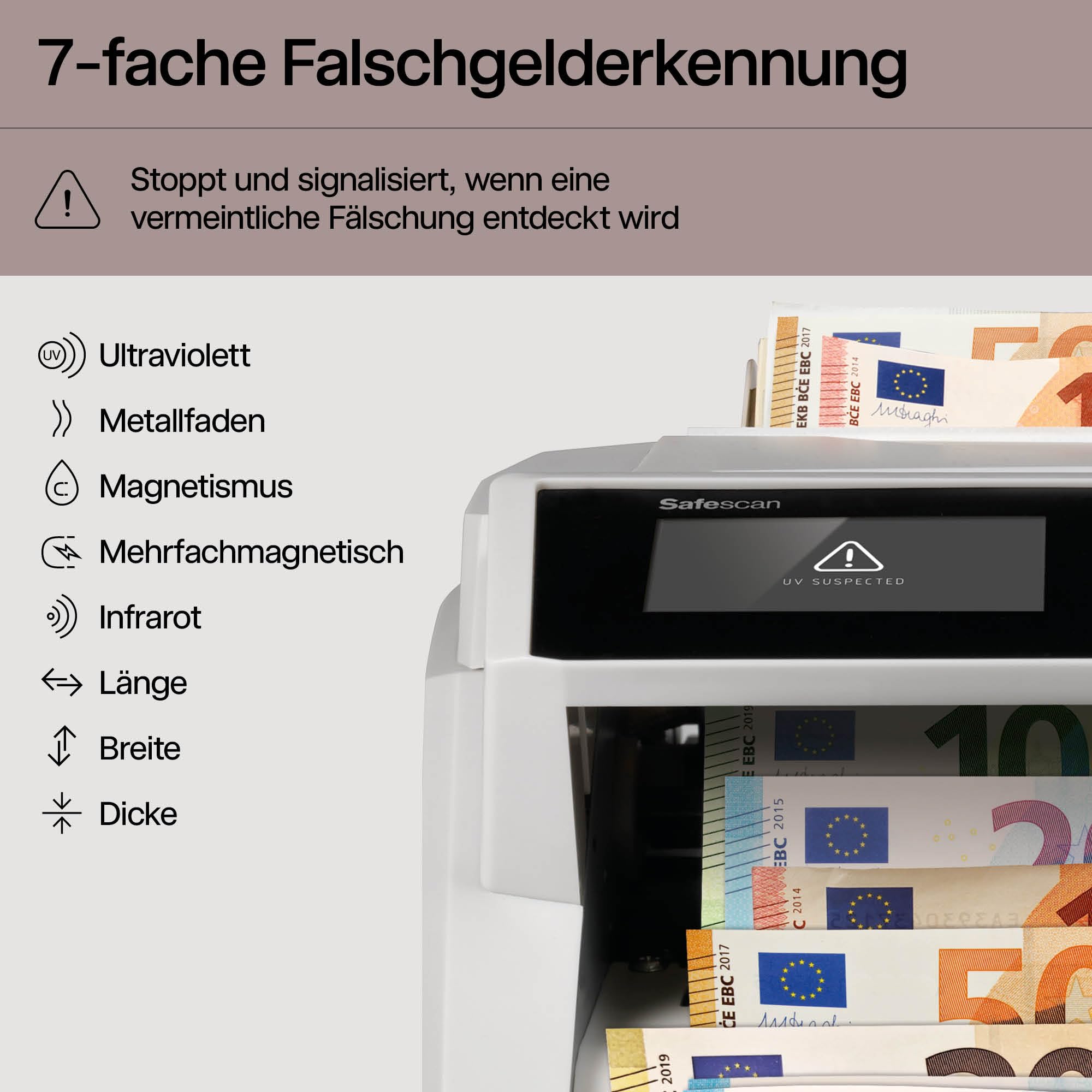 Safescan 2465-S Geldzählmaschine, Wertzählung für gemischte EUR-Banknoten - Banknotenzähler mit 7-facher Echtheitsprüfung - zählt sortierte Banknoten aller Währungen
