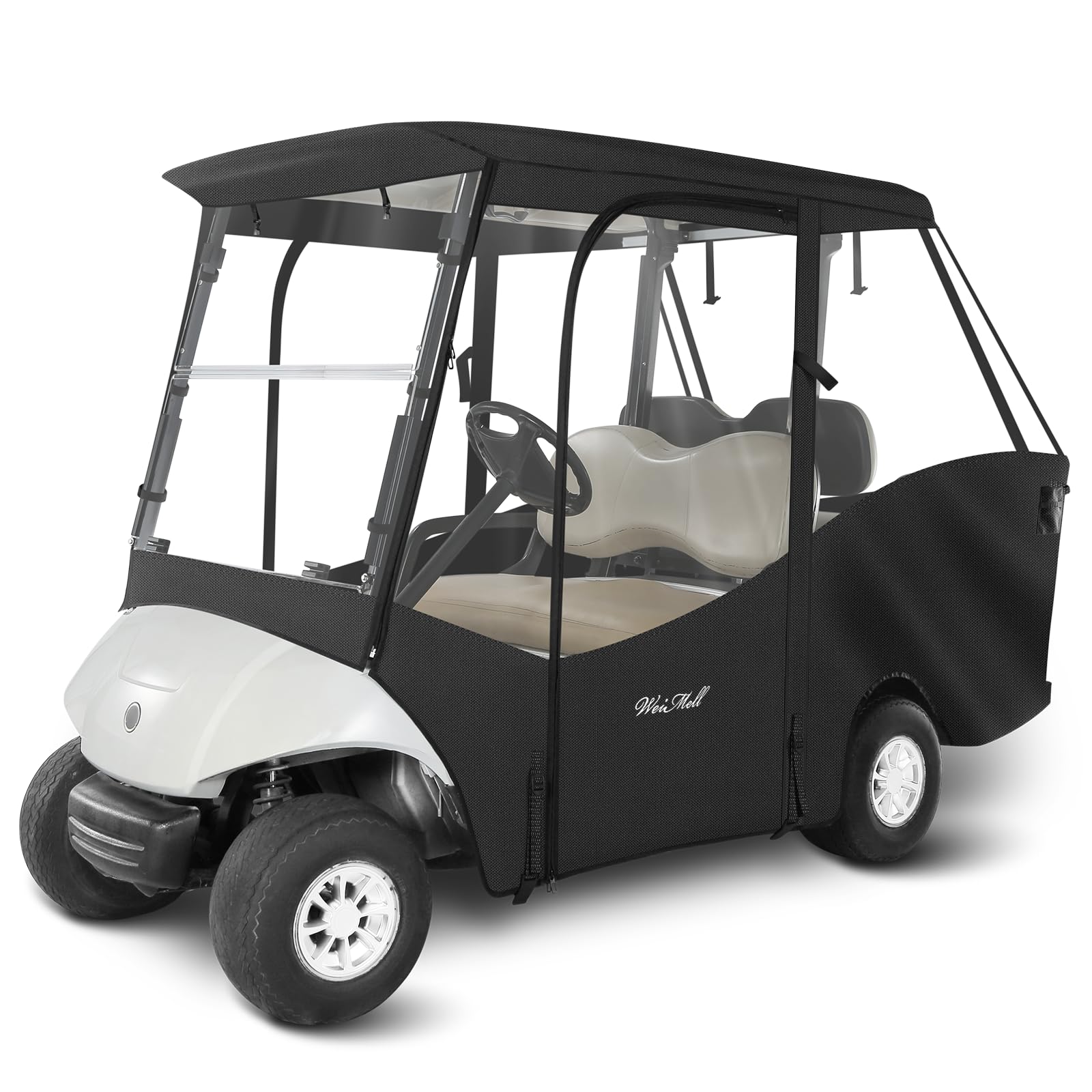 WEIMELL 4 Passenger Golf Cart Enclosure for Yamaha G29 Drive 2 Short Roof 2+2 4-Seater Waterproof Windproof Driving Rain Cover 4-Sided Clear Windows Roll-up Door Black