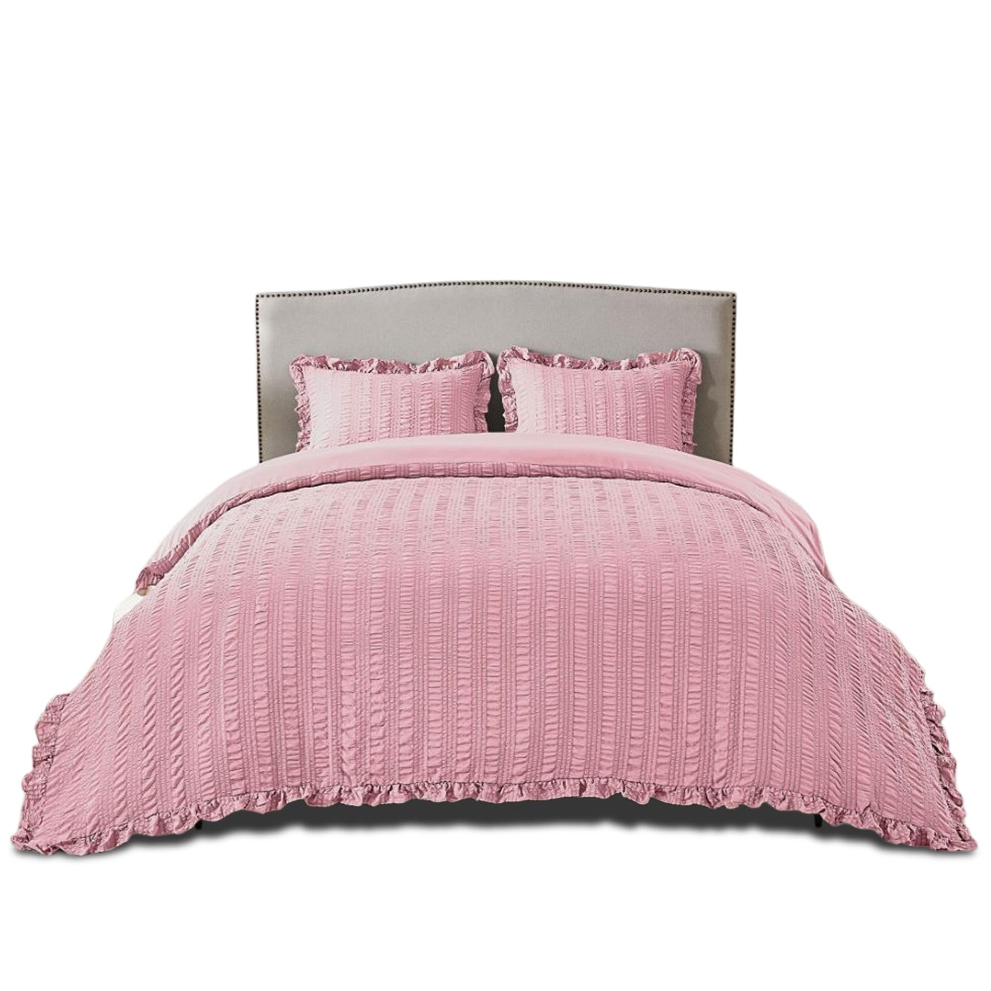 VELVETIO Premium Seersucker Duvet Cover Set & Pillowcases, Supersoft Ruffle Edge Bedding Quilt King Size, Breathable Microfiber Comforter Bedset, Blush Pink