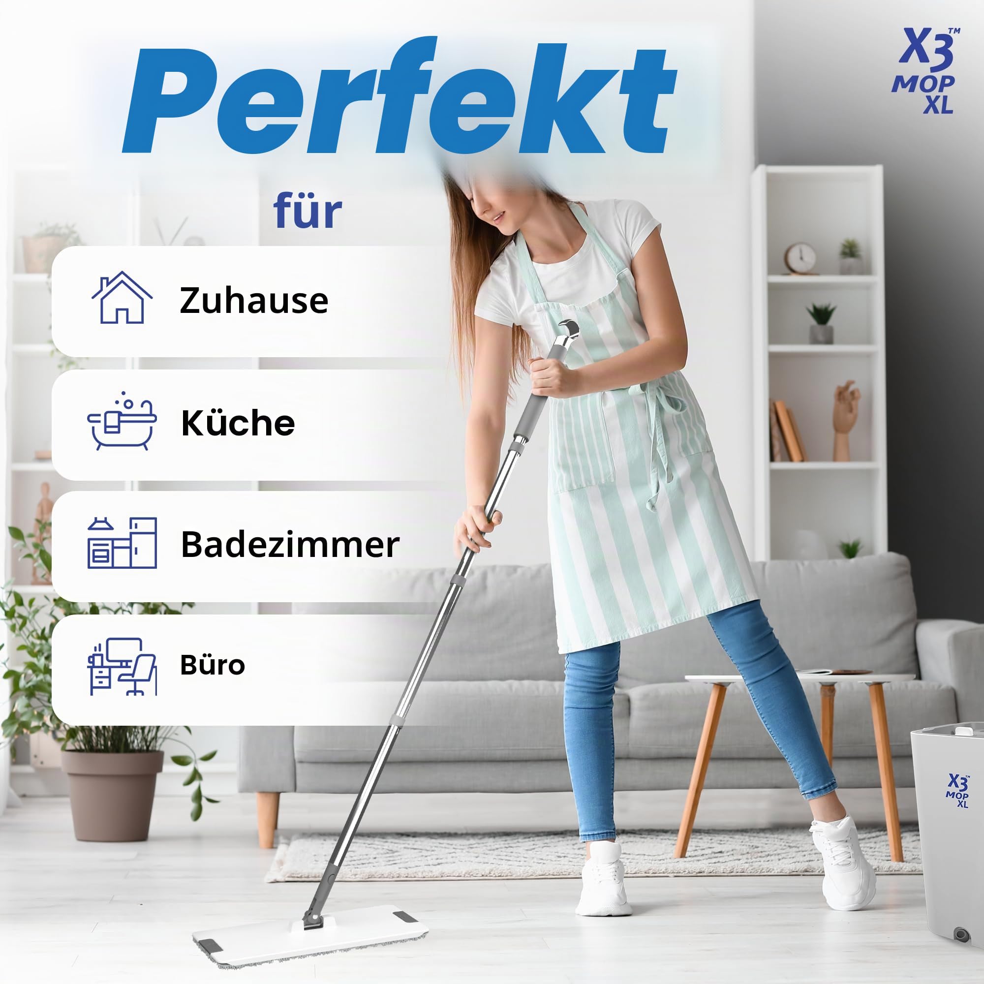 X3 Mop XL, trennt schmutziges und sauberes Wasser, 3-Kammer-Design, Flacher Wischmopp und Eimer-Set, freihändige Bodenreinigung zu Hause, 3 Wiederverwendbare Mikrofaser-Mopp-Pads im Lieferumfang