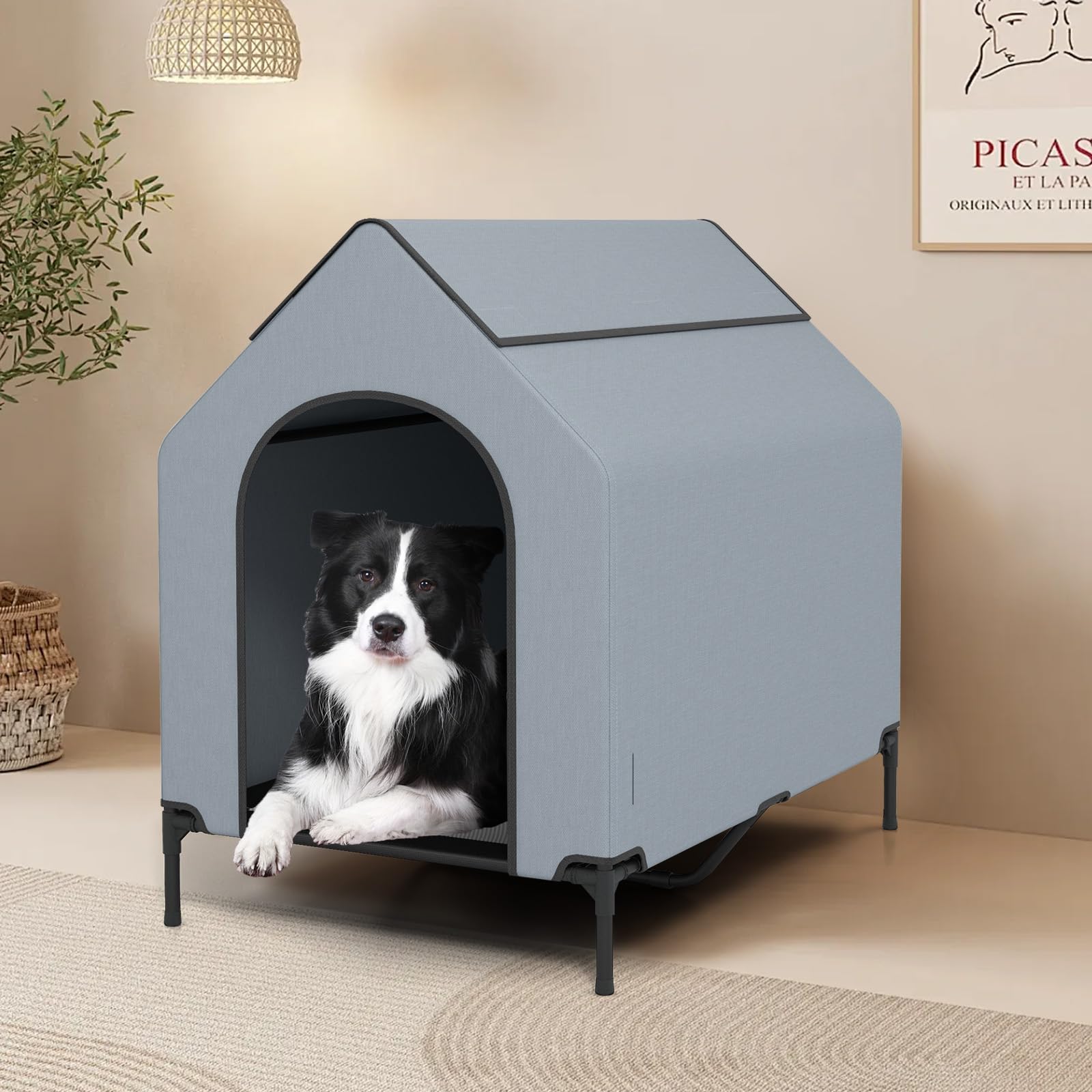 GOPLUS 2 en 1 Niche Surélevée pour Chien, Tente Résistant aux Intempéries avec Fenêtres Ventilées, Lit en Tissu Maillé, Intérieur Extérieur (M)