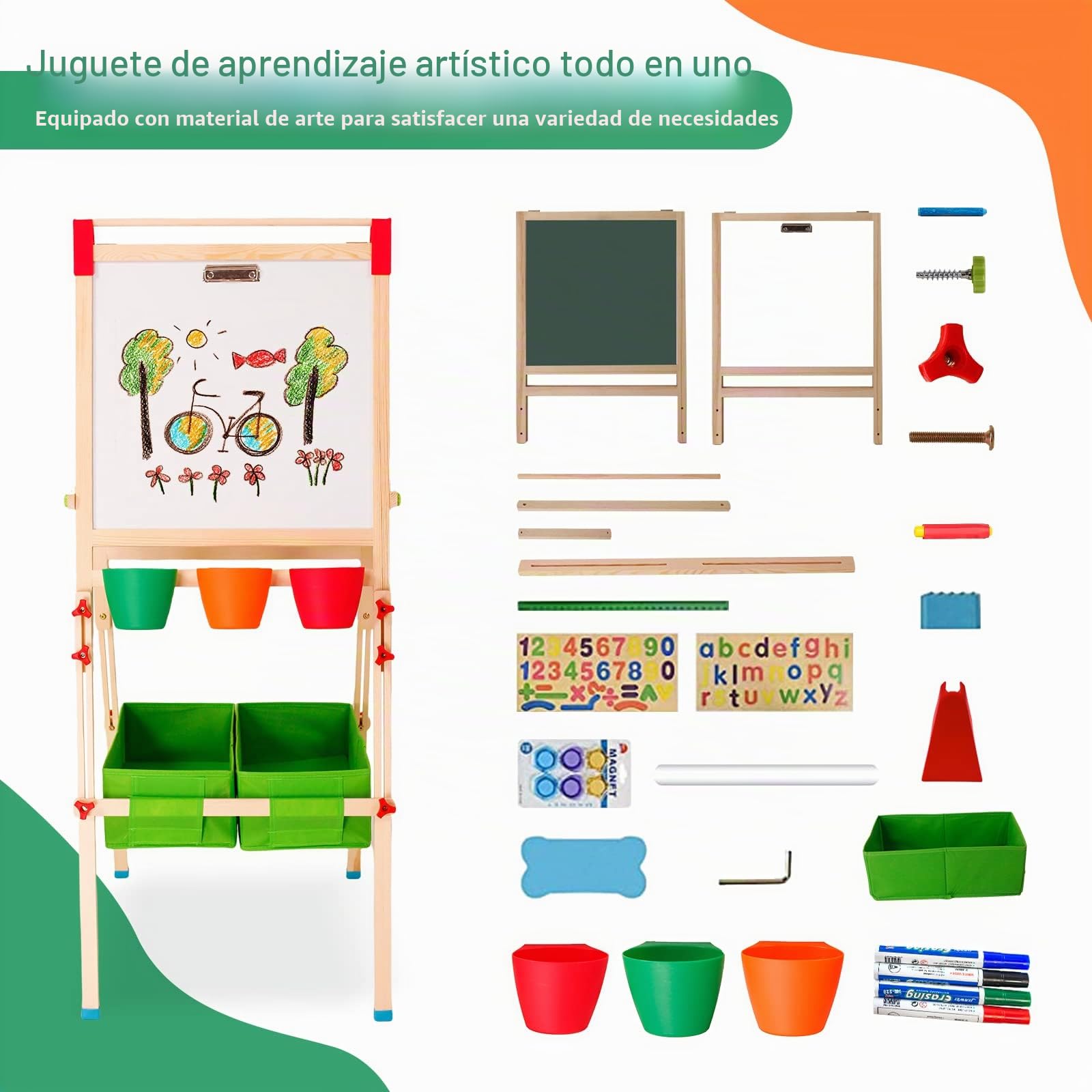 Caballete infantil de madera, pizarra infantil con rollo de papel Pizarra blanca de doble cara y pizarra negra Caballete de arte ajustable en altura con números y otros accesorios para niños