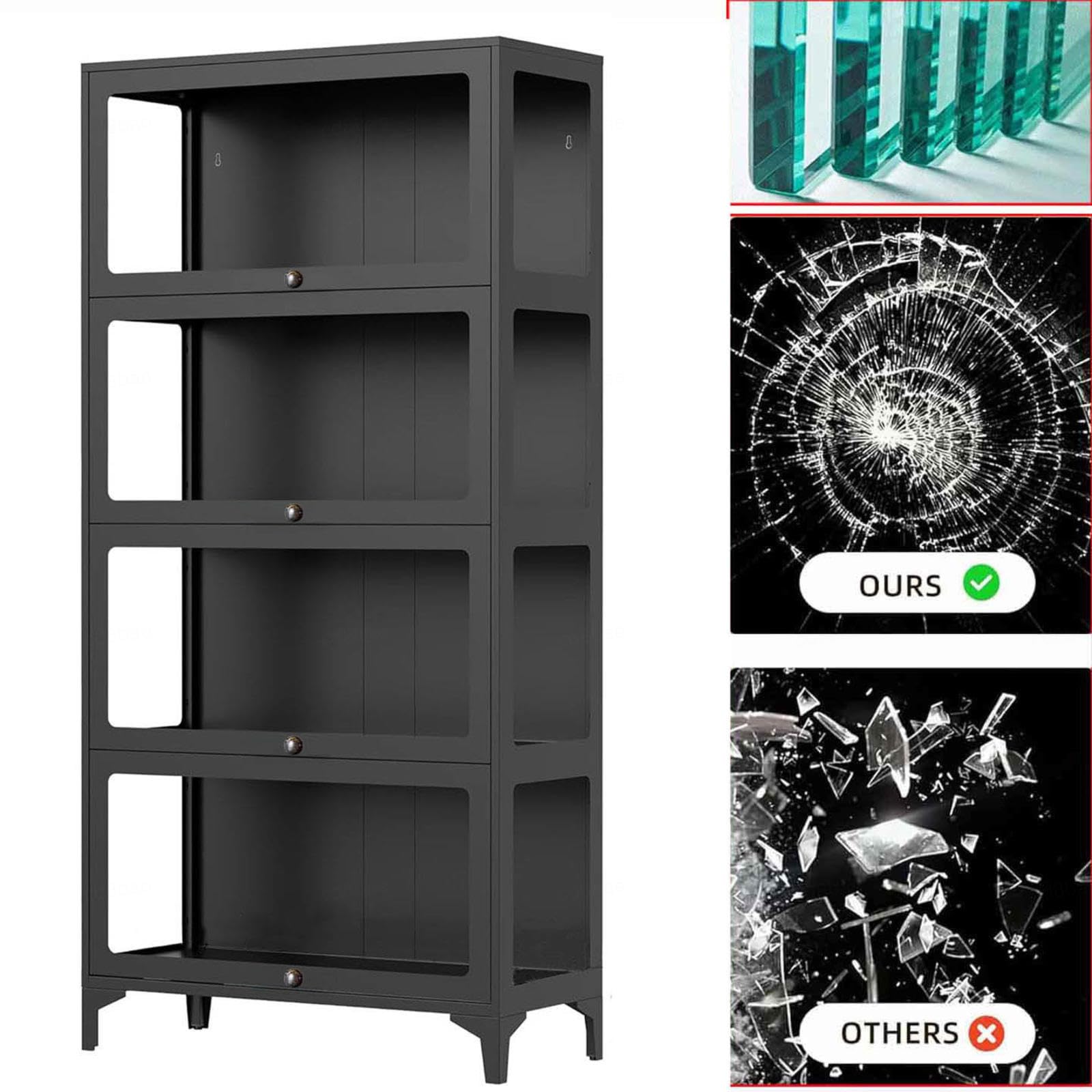 YSZBD Vitrina Cristal，Vitrina expositora para Colecciones，Vitrina para Sala de Estar, Dormitorio, vinos, Oficina o Libros,Black