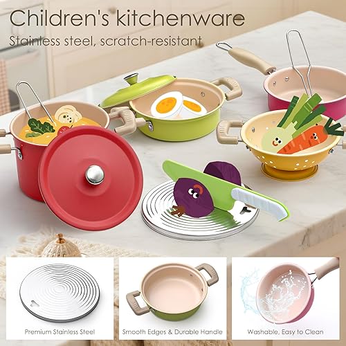 Miniatura 3 de Golray Juego de accesorios de cocina, juego de cocina para niños, incluye ollas y sartenes, utensilios de cocina, organizador, condimentos, delantal