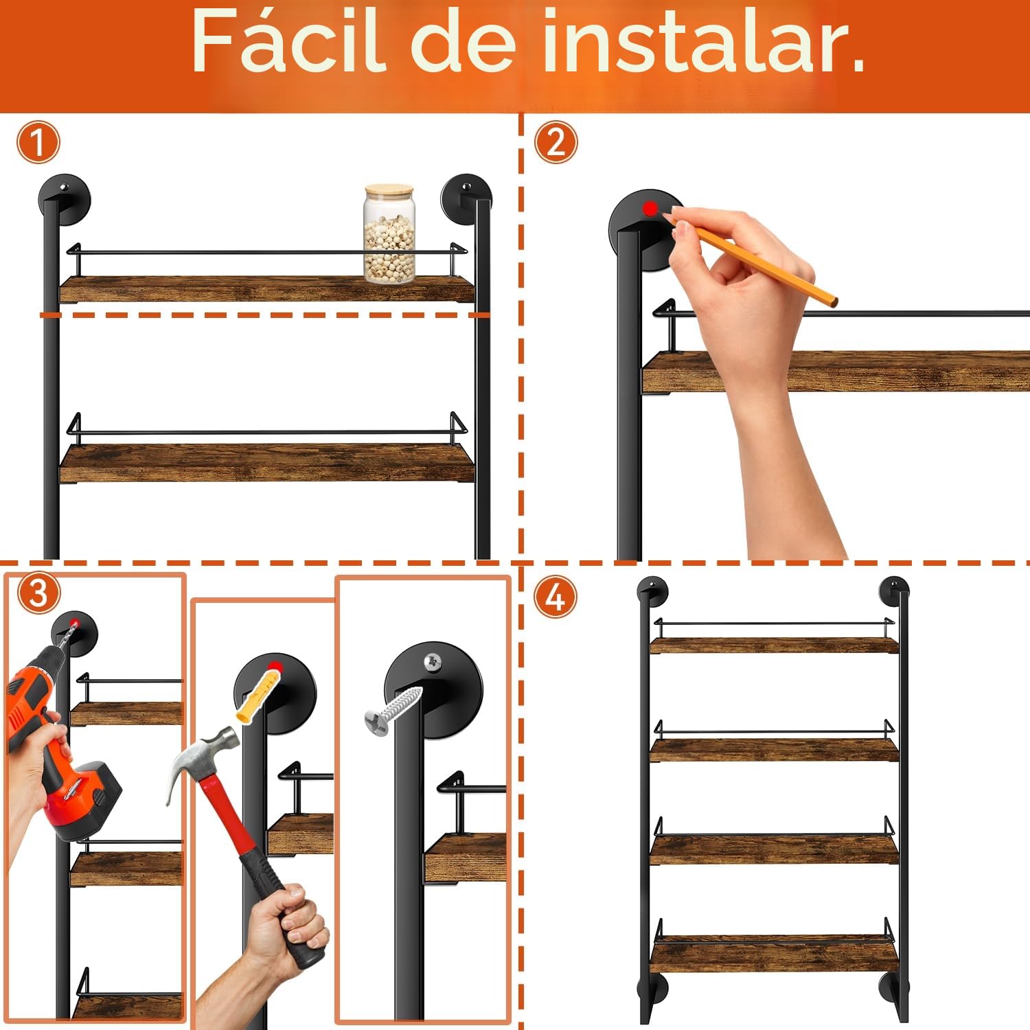 IBUYKE Especiero Pared,4 Estantes Especieros para Cocina Pared,Organizador de Especias para Hasta 50 Tarros,Estante Especias de Madera para Puerta de Armario de Cocina,Baño,Despensa,Marrón TLJ016H