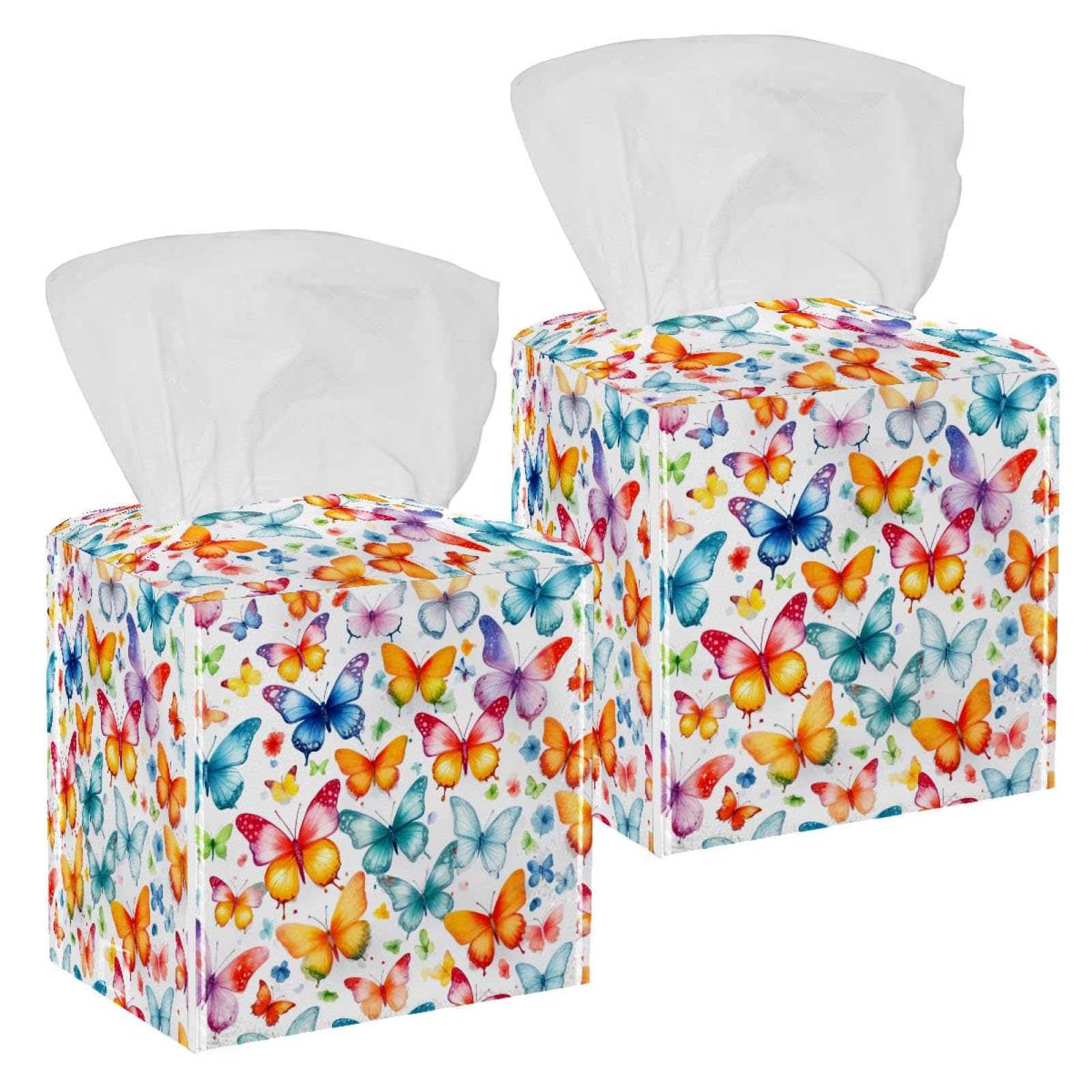 Watercolor Butterfly Tissue Box Cover, 2 Pack PU Leather Square Facial Tissue Dispenser Box holder for Home Office Car