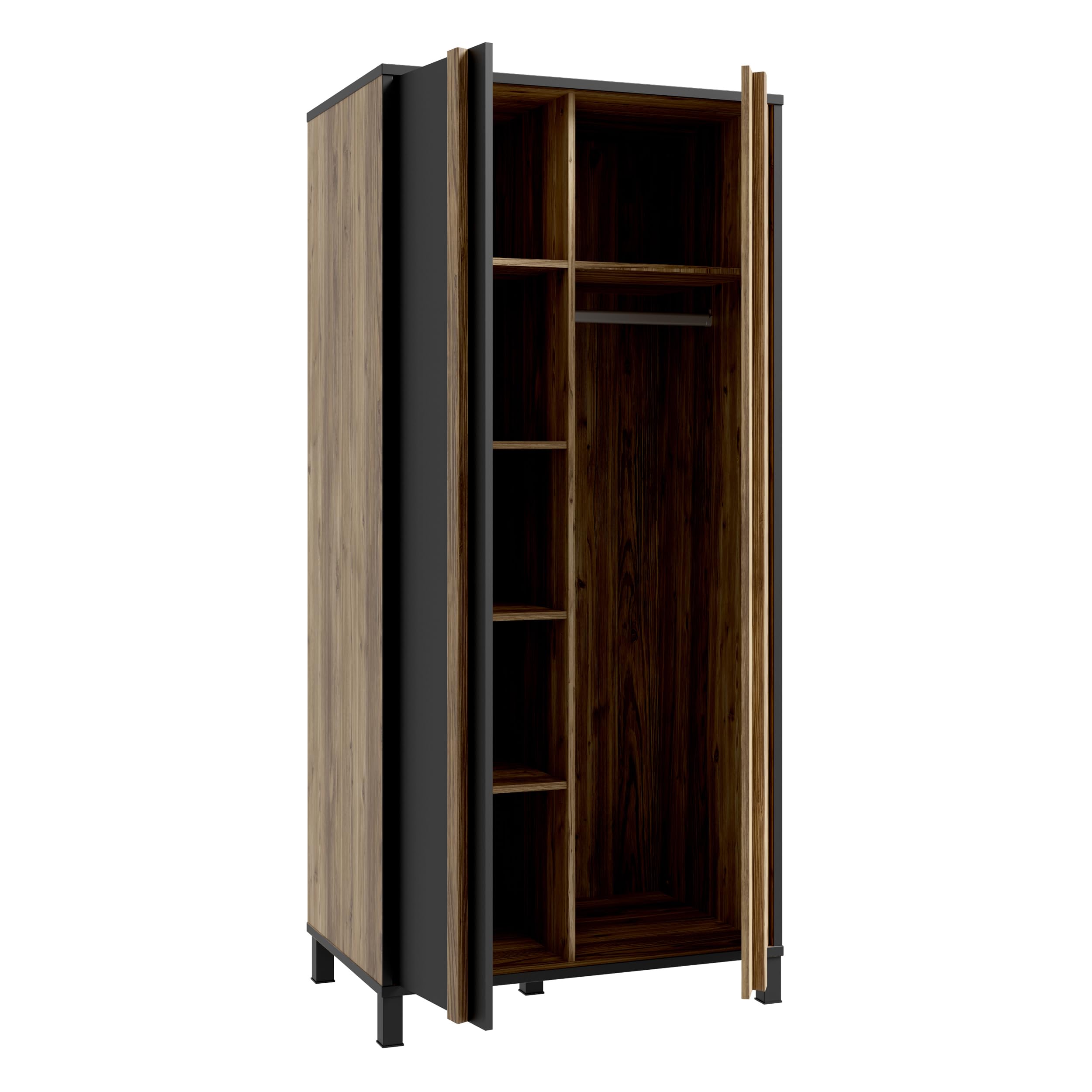 Forte HAYATO Kleiderschrank 90, Moderner Schrank mit Zwei Türen und Einlegeboden, Holzwerkstoff, Schwarz mit Alpenfichte Dekor, 89,5 cm breit, 194 cm hoch, 58 cm tief