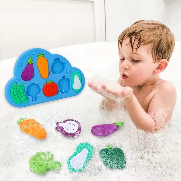 Baby Bath Toys, Premium Silcone Mold Free Vegetable Bath Toys, Soft Toddlers Floating Bathtub Toy, No Hole Tub Water Toys, Shape Sorting&Matching Educational Learning Toy Gift for Boys Girls Kids