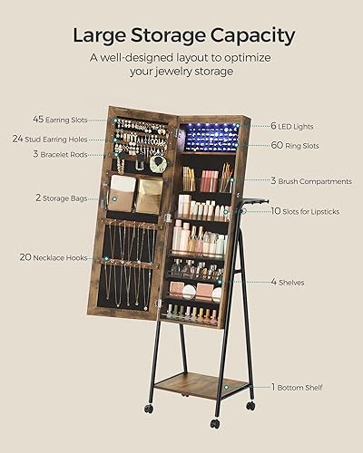 Miniatura 6 de SONGMICS Armario de joyería con 6 LED con bloqueo organizador de joyas armario de joyería de pie con 4 ruedas espejo con almacenamiento de joyas