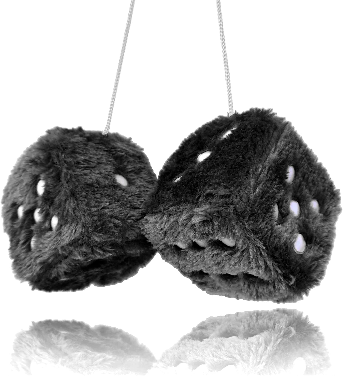 Pair 3” Black with White Dots Mirror Fuzzy Plush Dice, Black and White Soft Plush Car Decorative Hanging Ornament.