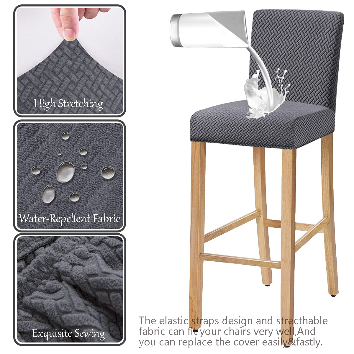 SHENGYIJING Stretch Waterproof Check Jacquard bar Chair Covers,Removable Washable Chair Slip Cover for Short Dining Chair Back Chair bar Stool Chair (Dark Gray1, Set of 4)