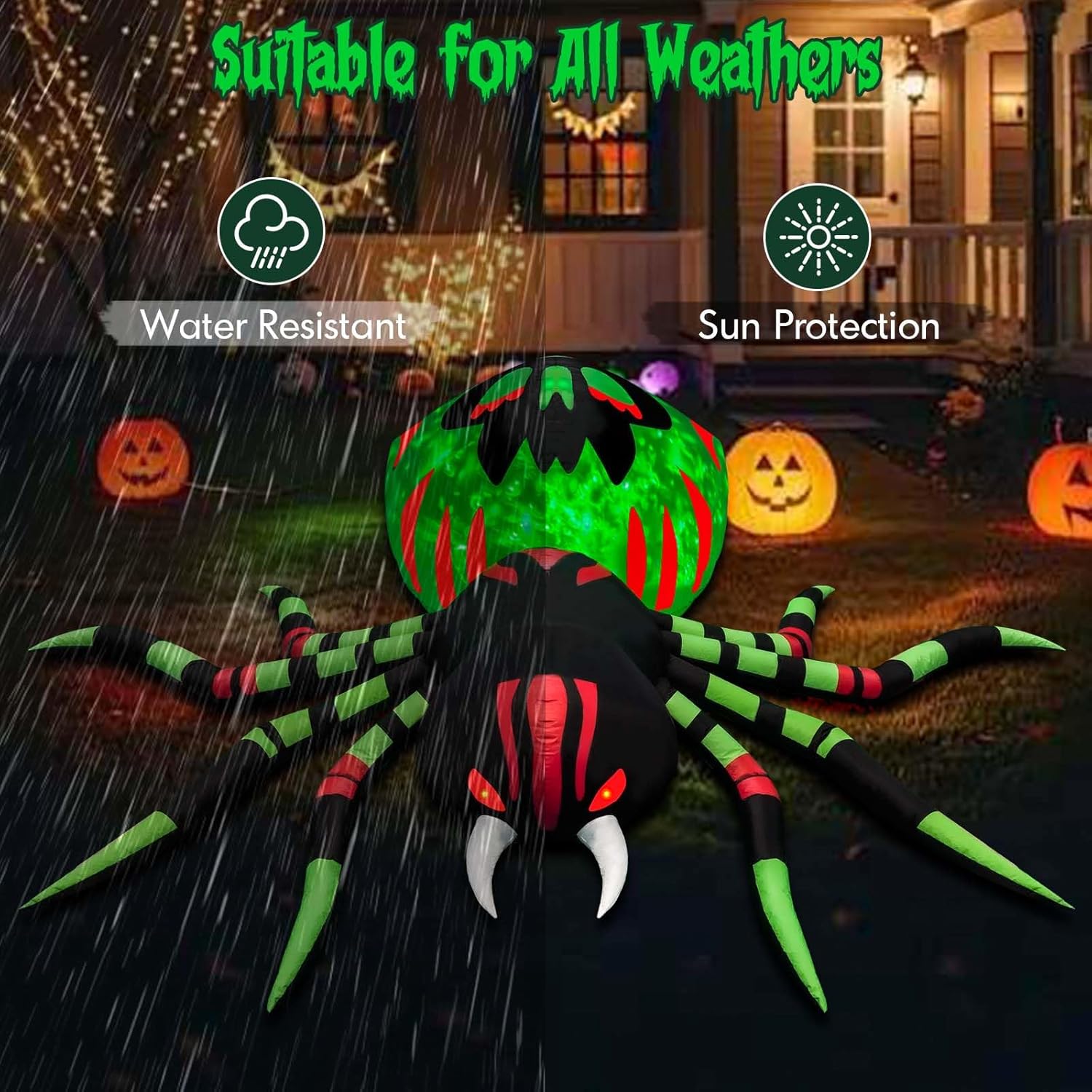 8FT Halloween Inflatables Spider Outdoor Decorations for Yard, Giant Blow up Green Spider with Rotating Fire Flame Light, Large Spooky Spider for Halloween Party Garden Lawn House Holiday Decor