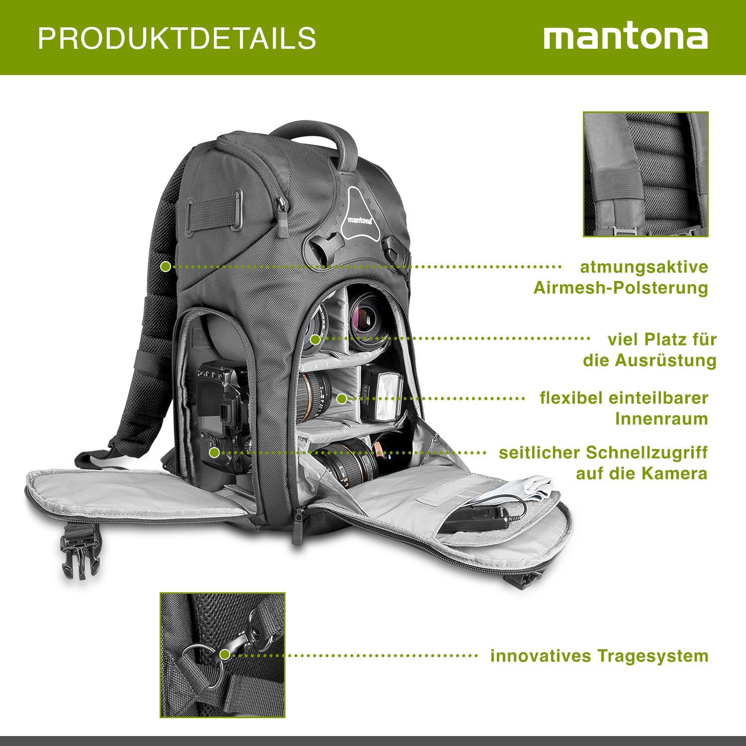 Mantona Rhodolit SLR-Kamerarucksack - Fototasche geeignet für SLR mit angesetztem Objektiv, weitere Objektive, Systemblitz und Zubehör, schwarze Kameratasche inkl. Regenschutz