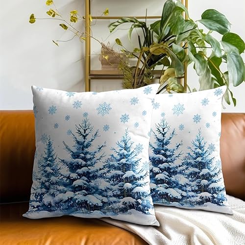 Miniatura 7 de Juego de 2 fundas de almohada de bosque nevado con copos de nieve y pinos, cuadradas, fundas decorativas de algodón suave, color blanco, 18 x 18