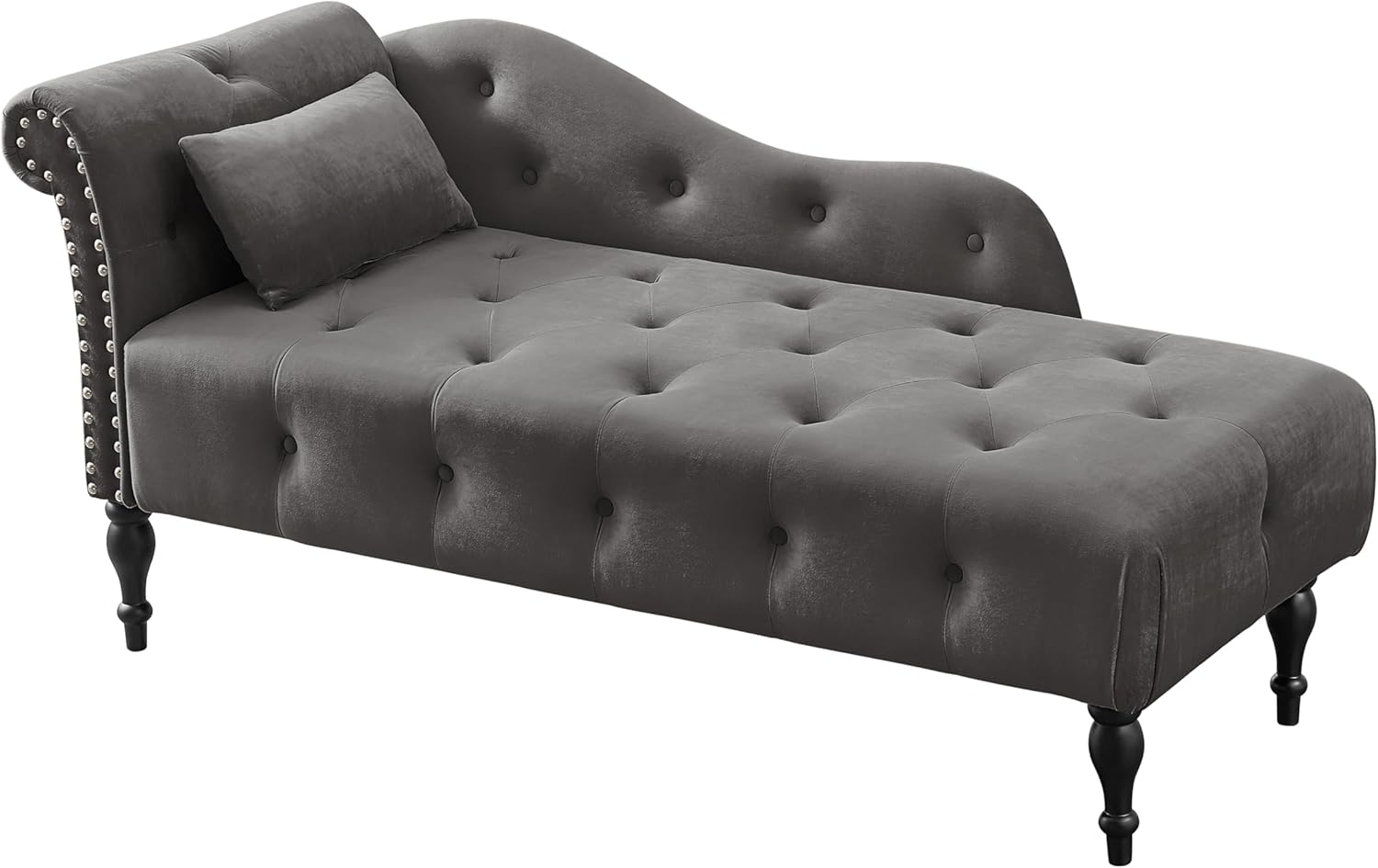 Elegant Velvet Chaise Lounger with Tufted Buttons & Solid Wood Legs - Lounge Chair for Living Room, Reading Room, Bedroom, Grey