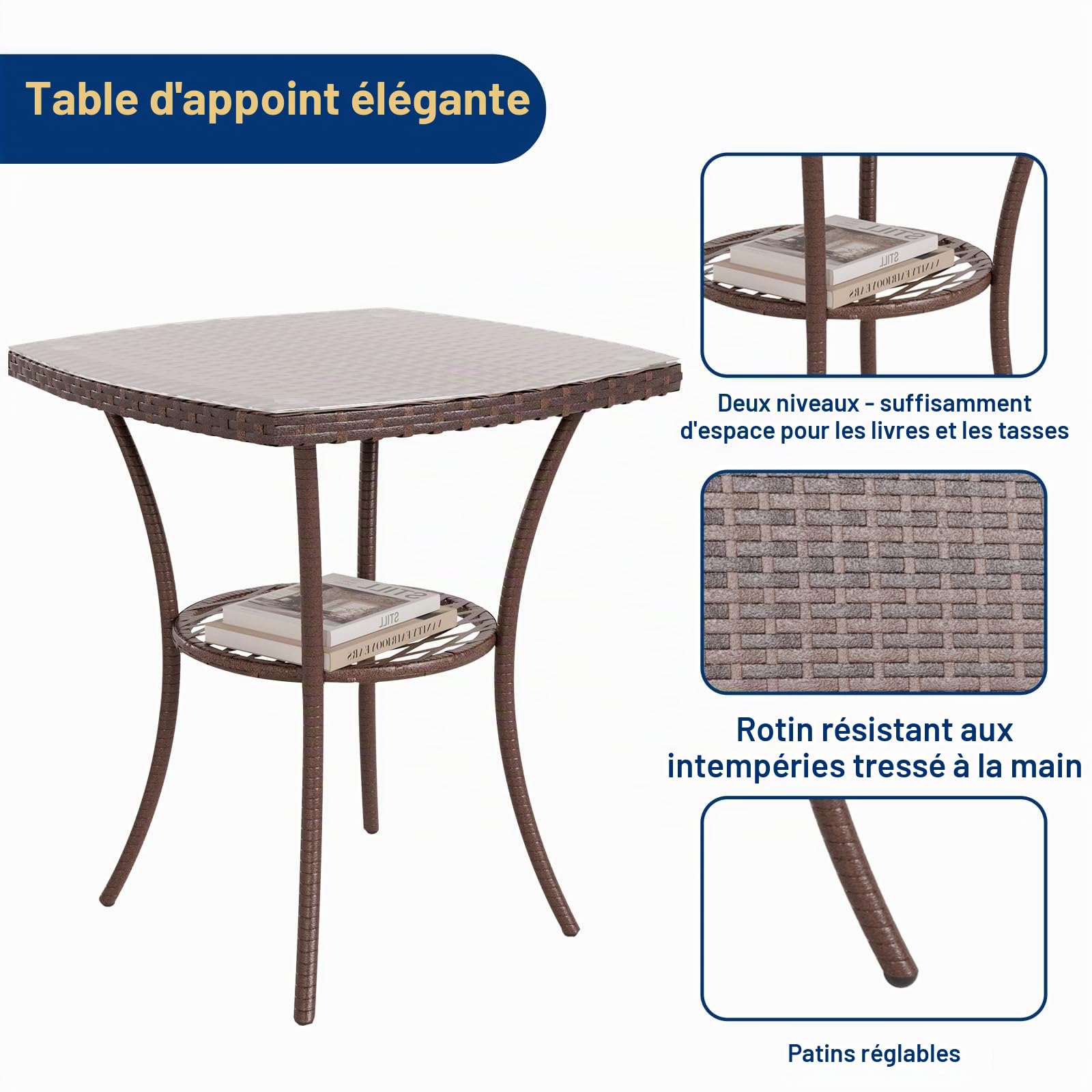 UDPATIO Salon de Jardin Exterieur 2 Fauteuils avec Coussin et 1 Table Basse en Verre trempém, Canapé de Jardin en rotin pour Le Jardin et la terrasse, Marron