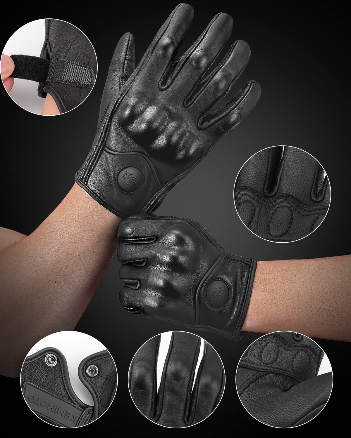 KEMIMOTO Guantes Cuero Moto Hombres y Mujeres, Protector de Nudillos, Pantalla Táctil y Transpirable, de Dedos Completos para Motocross, Tiro
