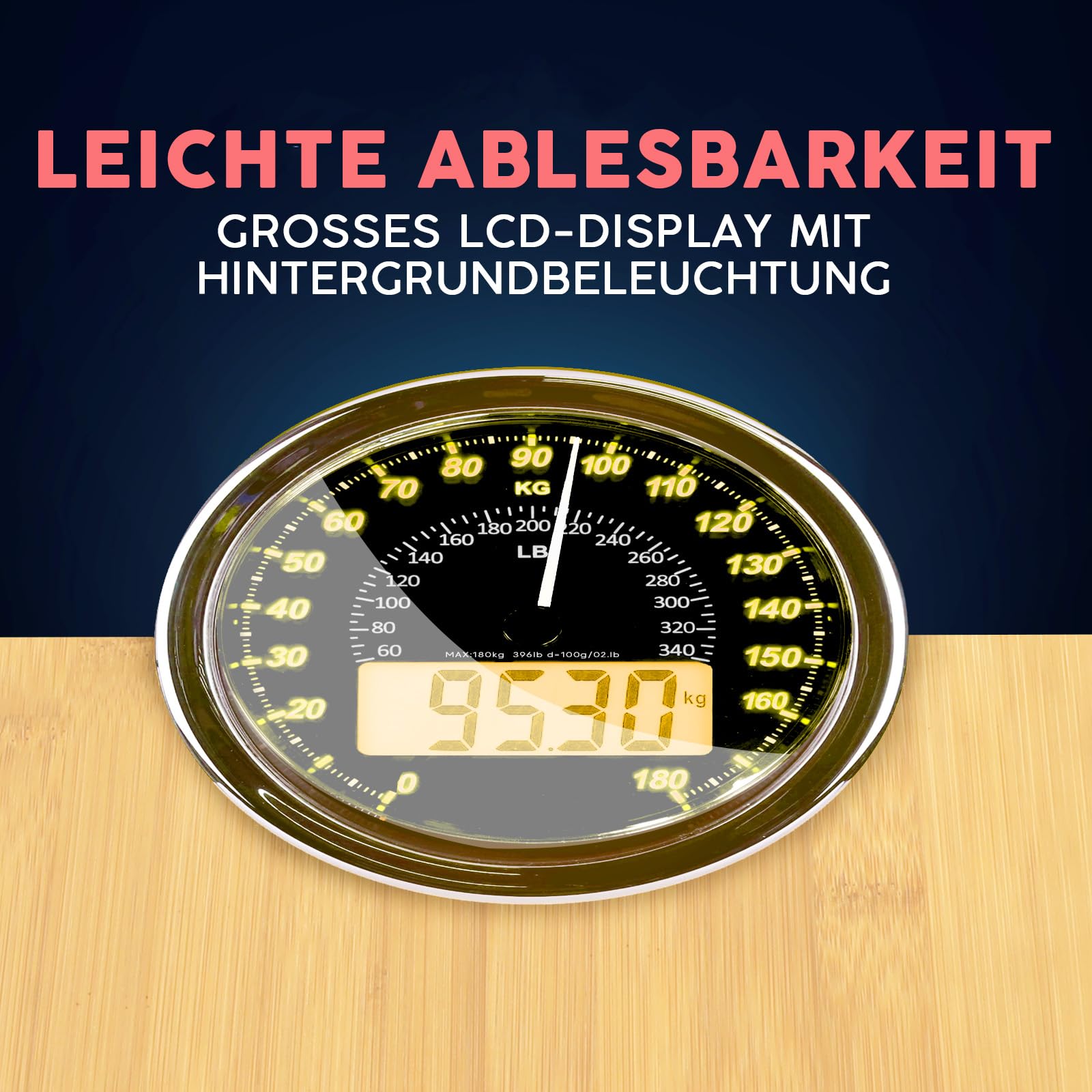 Hybrid Personenwaage - Analog & Digital, Präzise bis 180 kg | Gewicht auf Analogzifferblatt und LCD ablesen. Breite Glasplattform, 3 AAA Batterien inklusive, sofort einsatzbereit.