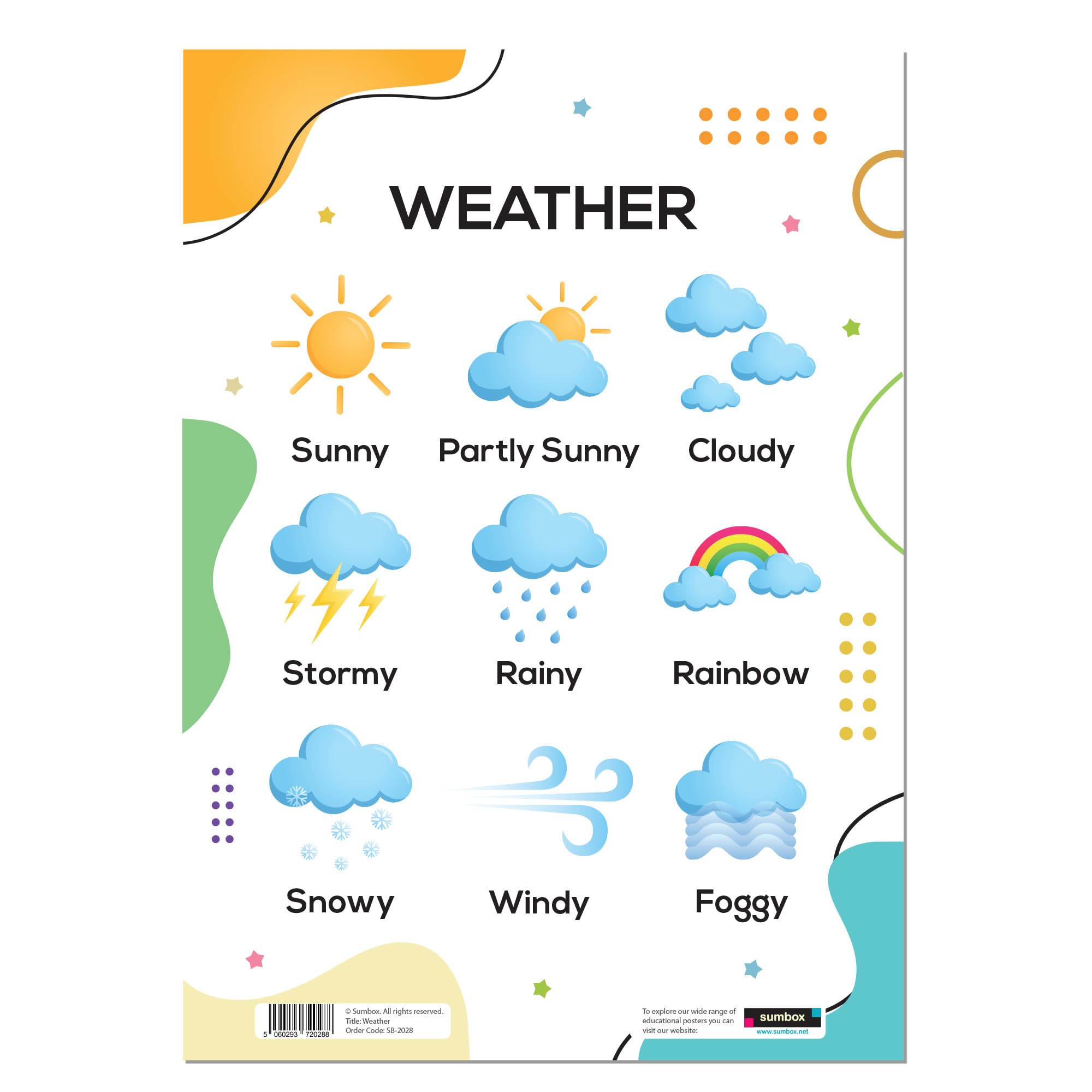 Sumbox Educational A3 Posters for Toddlers - Alphabet ABC, Numbers, Shapes & More - Kids Learning Posters for Children, Early Years Nursery Decor, Preschool Wall Charts (Weather)