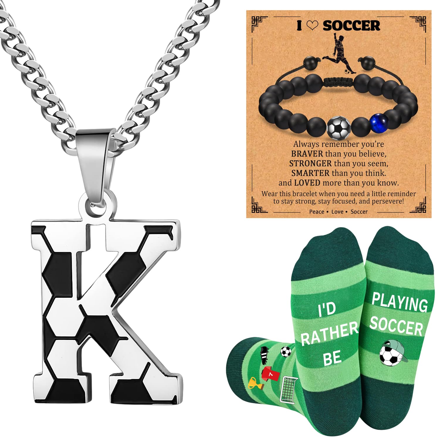 Soccer Gifts Set A-Z Letter Soccer Necklace for Men Novelty Soccer Socks&Soccer Bracelets for Soccer Lovers